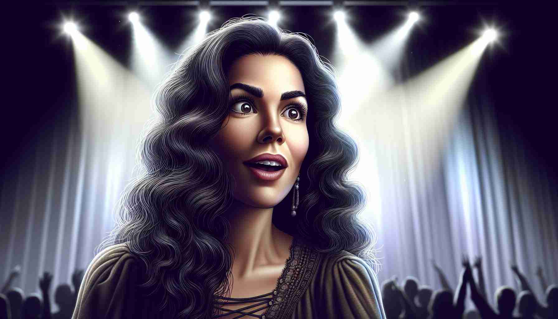 A realistic, high-definition illustration of an expressive Hispanic woman, who is a professional singer, faces the challenges ahead of her major performance. She displays a range of emotions - anticipation, nervousness, yet embodying a resilient spirit. The stage lights behind her contributing to a dramatic backdrop.