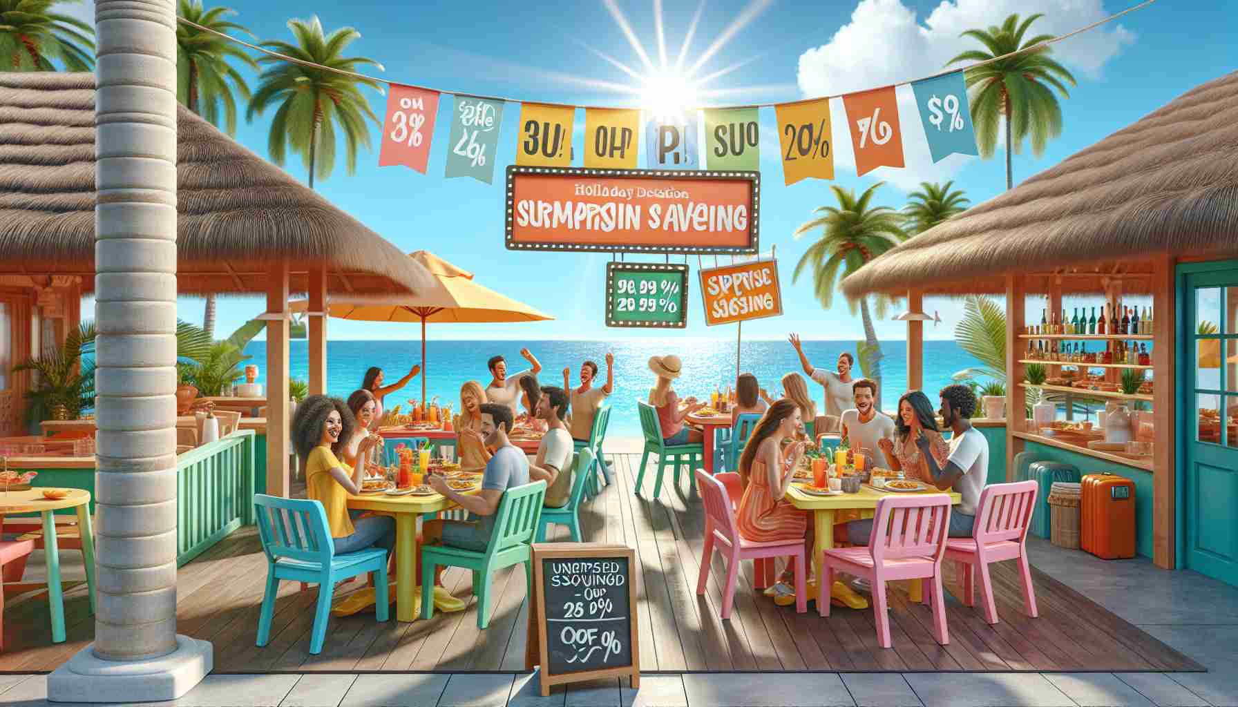 A realistic, high-definition image showcasing 'Surprise Savings on Vacation Dining'. The scene includes a typical holiday destination restaurant with colorful al fresco dining tables. There are signs indicating discounted prices and special offers. People of different descents and genders are shown happily enjoying their meals, excited by the unexpected discounts. Include the bright sunshine, palm trees in the background, and a clear blue sky to capture the vacation ambiance.