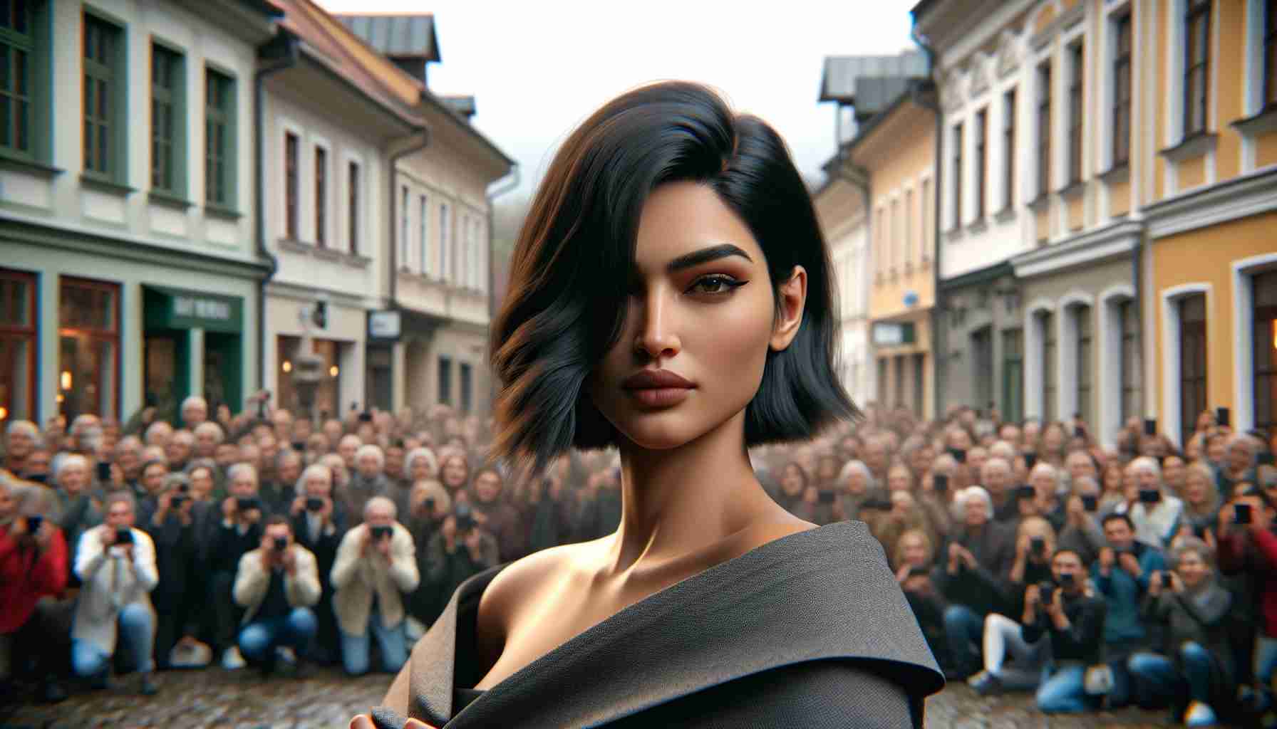 High definition, realistic image of a model with a sense of mystery about her, being unveiled in a small town. She is of South Asian descent with sharp facial features and dark hair. She's dressed in contemporary fashion. The small town is bustling with people witnessing the event. It's set amidst historic architecture, quaint houses, and cobblestone streets, giving a charming, old-worldly feel.