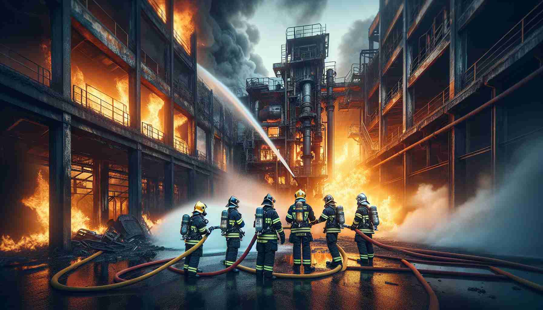 High-definition, realistic image portraying a team of firefighters of different descents and genders, working tirelessly to extinguish a raging blaze. The fire is consuming an abandoned industrial area, with dilapidated buildings and obsolete machinery. The flames illuminate the scene casting a dramatic glow over the shadows of the rundown equipment. The firefighters are equipped with full gear, including helmets, coats and boots, as they manipulate fire hoses aiming at the heart of the inferno, demonstrating bravery, coordination, and teamwork in face of the menacing conflagration.