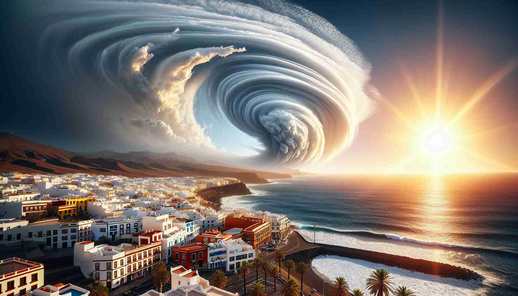 A realistic, high definition picture showcasing unusual weather patterns hitting the Canary Islands. The image should reflect the landforms and major geographical features of the islands, along with the unique weather phenomena. This could include storm clouds swirling in an abnormal manner, sunlight breaking through the clouds in an unexpected pattern, or other meteorological anomalies. The sun, the sea and iconic Canary Island buildings, palm trees should also be distinguishable, all illustrating an exceptional weather event unfolding in this popular vacation destination.