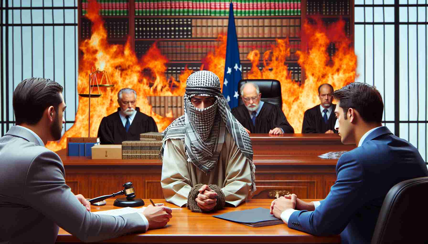 Generate a realistic high-definition image of a scene where an individual of Middle-Eastern descent is facing legal ramifications for starting a forest fire. The scenario should include a courtroom setting with a judge, lawyer, and the accused man. The backdrop should be adorned with legal symbols, and a feeling of seriousness should pervade the scene.