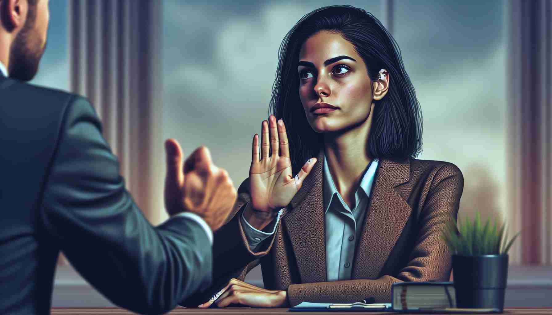 Create a high-definition photorealistic image of a businesswoman, whose name is Lidia Dávila, engaged in a serious conversation. She is seen dismissively waving her hand, representing a conversation regarding her refusal to buy shares from a person named Garrido. Include added imagery to emphasize the existing buyer and seller, perhaps visual cues such as contracts or handshake between two unseen persons to represent the current transaction.