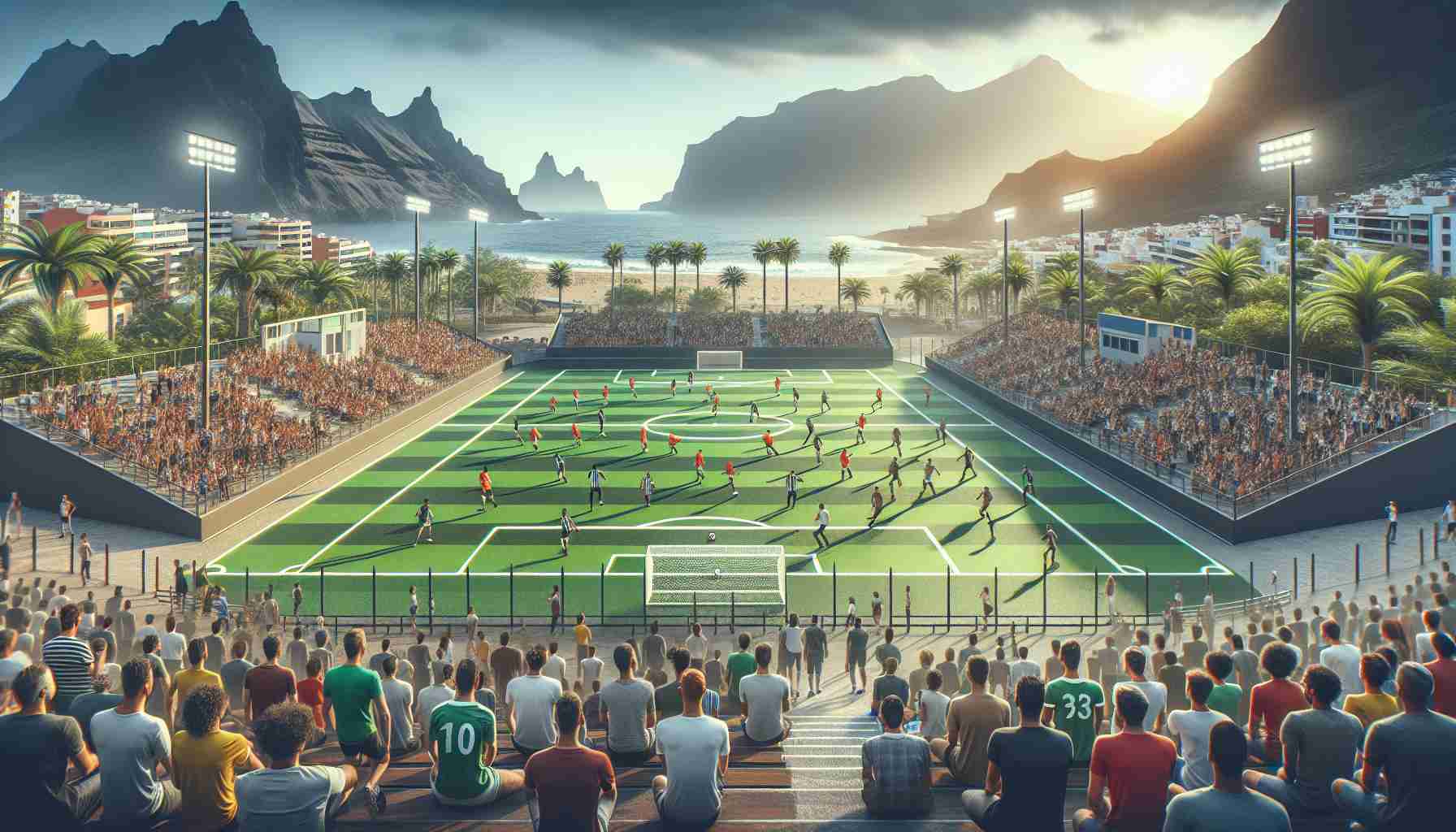 Create a high-definition, realistic image of an innovative aspect of football being showcased in a new era for the location of Gran Canaria. The scene should include a redesigned and modernized football pitch, crowded with a diverse set of spectators. The players should represent a variety of descent and genders actively engaged in a football match displaying new training techniques or playing styles. The backdrop is dominated by the unique landscapes of Gran Canaria, with its exotic vegetation, beach views, and high mountains under a clear sky.