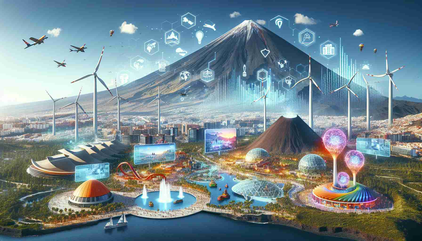 A high-definition, realistic image representing the concept of revolutionizing tourism, with Tenerife as the focus. Image could include prominent landmarks of Teneriffa such as the Teide volcano, Loro Parque, or Siam Park. Additionally, depict innovative and futuristic elements that symbolize cutting-edge tourism trends: a skyline dotted with sustainable energy sources, like windmills and solar panels, as well as digital screens displaying tourism information in multiple languages, and a diverse range of tourists happily engaging with these innovations.