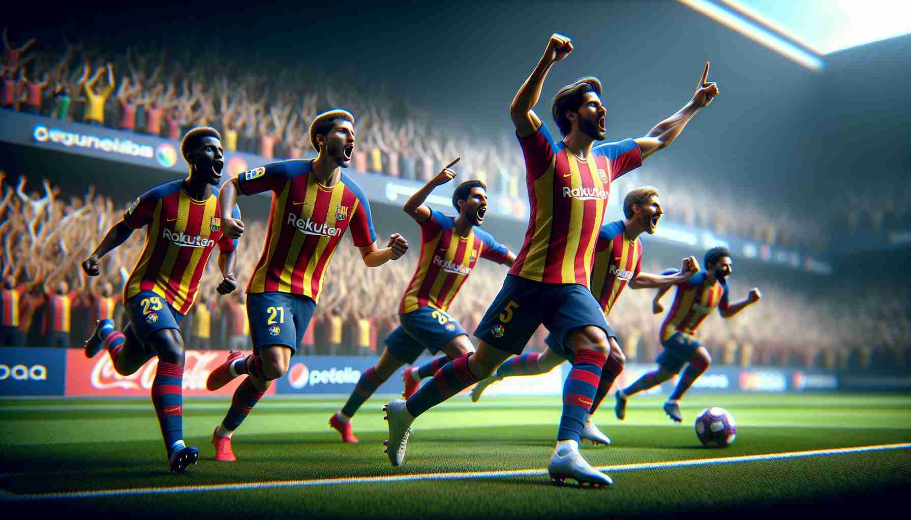 Realistic, high-definition image capturing a moment of high excitement in a LaLiga soccer match. Depict the vitality and passion of players in action on the pitch with momentous celebrations. The players are of various descents including Caucasian, Hispanic, Black, Middle-Eastern, and South Asian. Please ensure to maintain the anonymity of players, keeping them indistinguishable from real-life athletes.