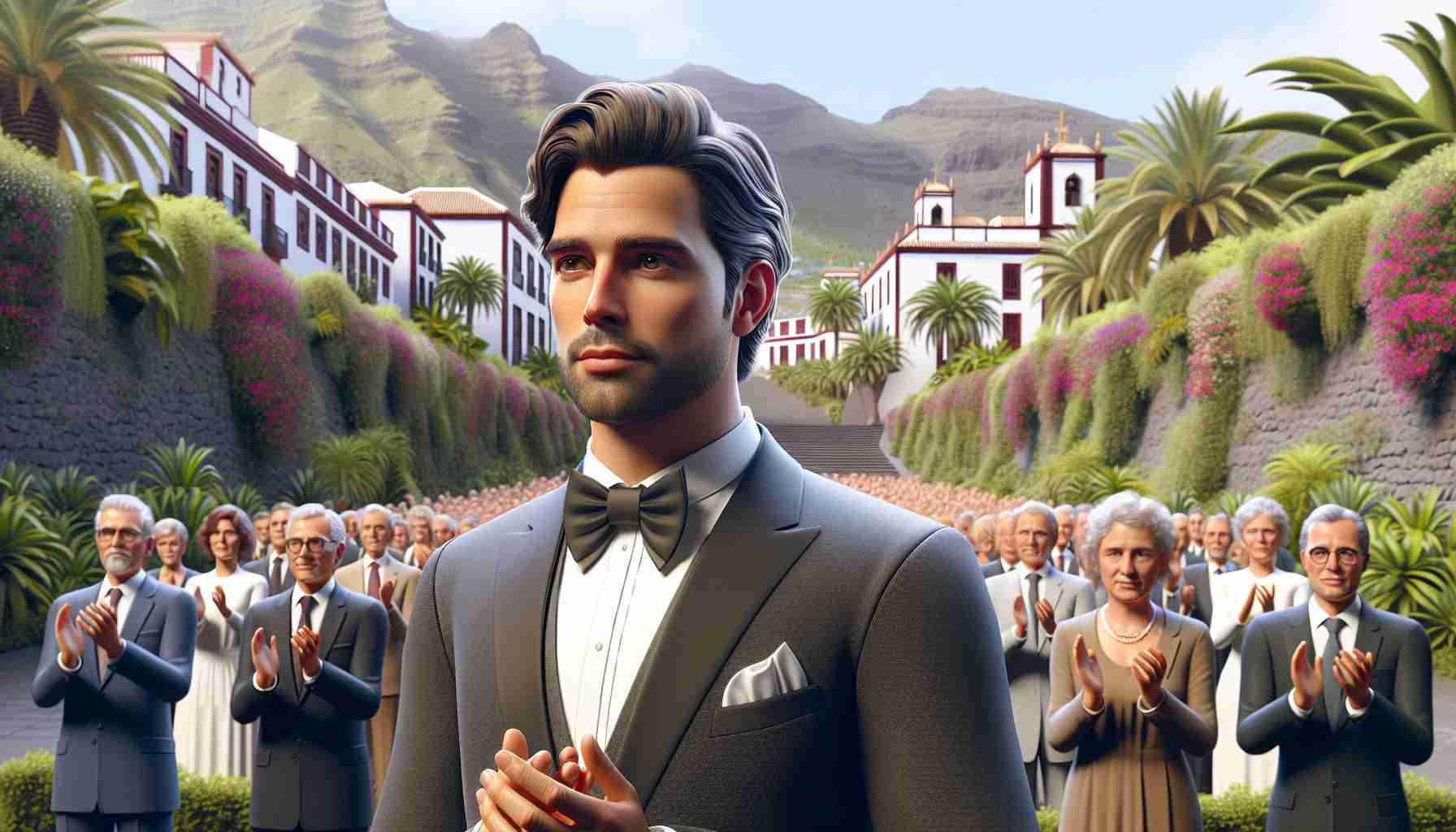 A realistic high-quality image of a respected public figure who is being honored with a prestigious award in the Canary Islands. This public figure is a male, the figure is dressed in formal attire with a royal demeanor. They are standing at the award ceremony amidst applause and expressions of respect and admiration. The backdrop features lush Canary Island flora and fauna.