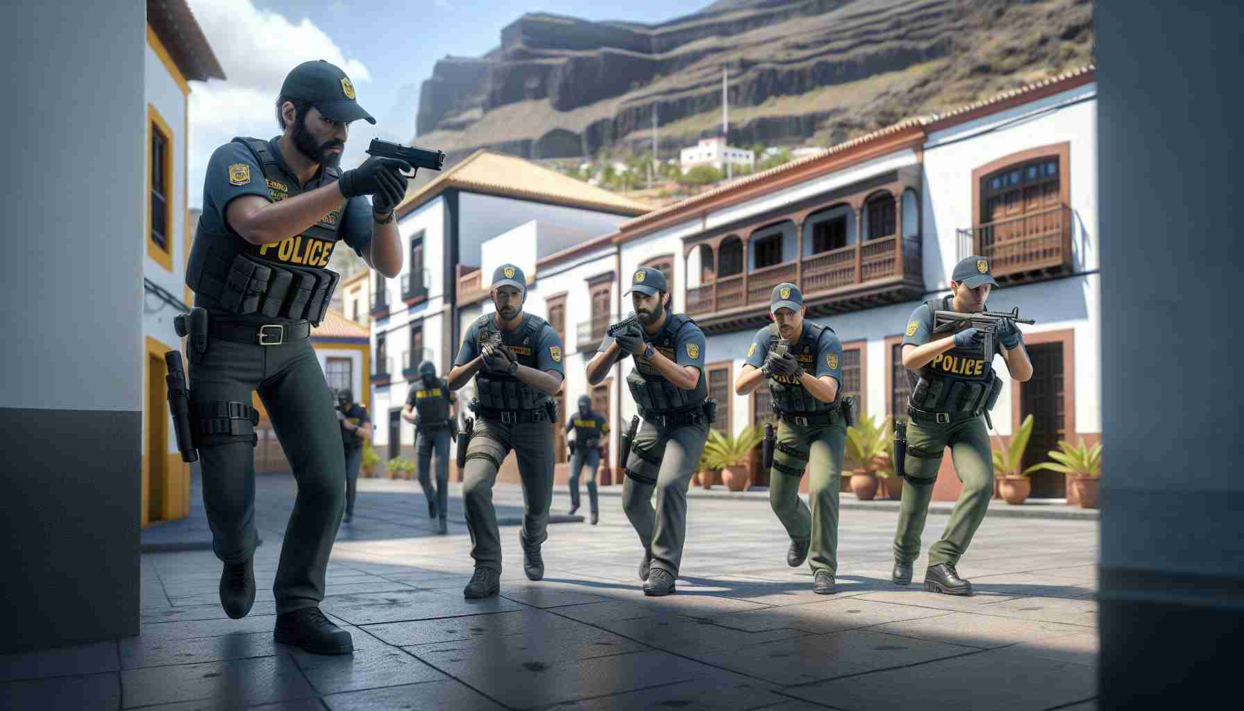 A realistic, high-definition image representing a scene where police officers are foiling an attempted robbery in Tenerife. The scene displays a balanced mixture of officers of various genders and descents: a Hispanic male officer, a Middle-Eastern female officer, and a Caucasian male officer. The location is identifiable as Tenerife, with characteristic architecture and landscapes in the background. The officers are in action, maybe one officer is communicating over radio while others are cautiously approaching the suspect. A sense of tension is present in the atmosphere.