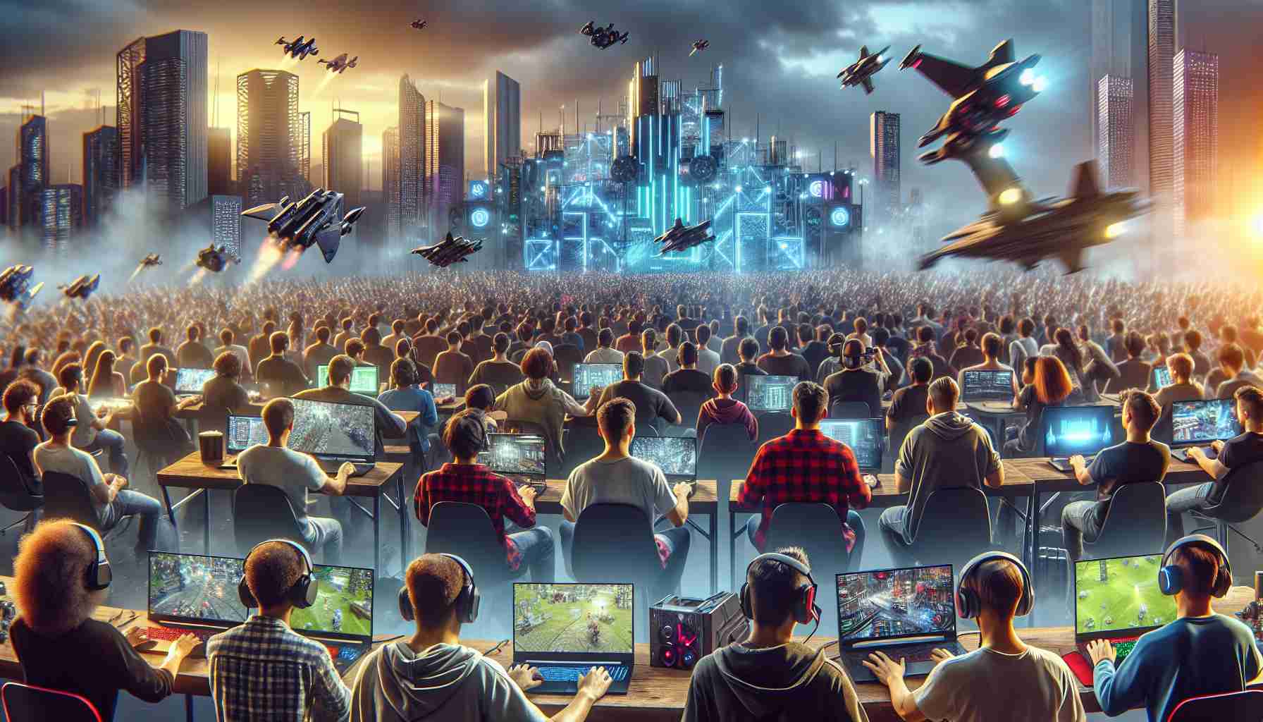 High-definition, realistic image of a gathering of technology enthusiasts from diverse descents including Caucasian, Black, Hispanic, Middle-Eastern and South Asian, where both genders are equally represented. They are experiencing the pinnacle of a gaming festival. The scene involves high-powered gaming laptops, virtual reality gear, state-of-the-art gaming chairs, and crowds engrossed in various action, adventure, and strategic games, creating an atmosphere of excited competition and camaraderie.