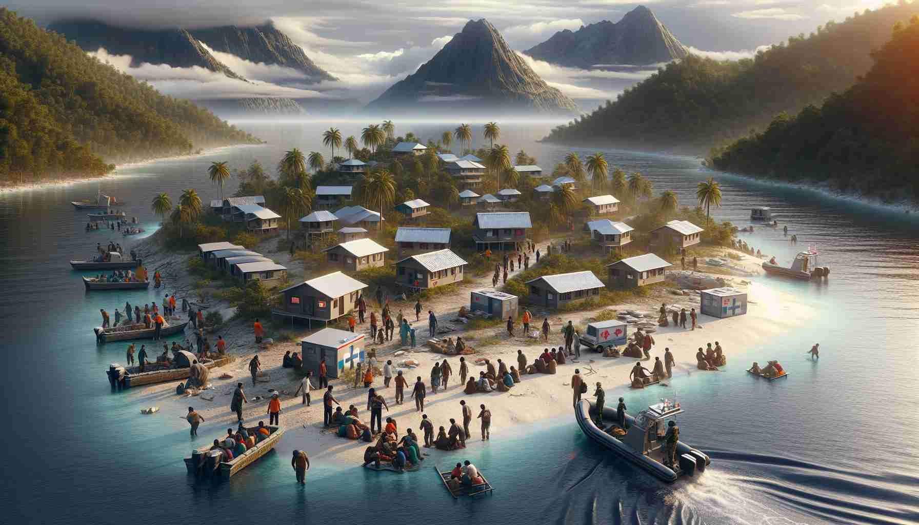 A high-definition, realistic image that depicts the newly made arrangements for migrant support on an island. The scene should include housing facilities, medical aid centers, and education institutions surrounded by the natural beauty of the island. Show multiethnic volunteers assisting migrants of various descents, ensuring health and safety, and facilitating their integration into the community.