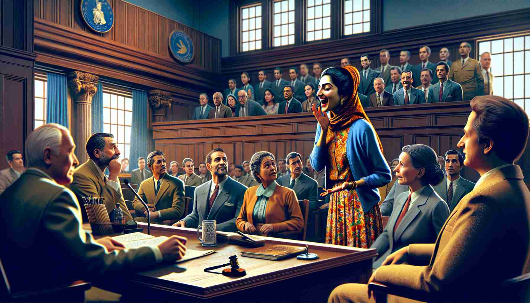 a high-definition and hyperrealistic illustration of a courtroom scene where a woman of South Asian descent, acting as the defendant in a court trial, exhibits unusual behavior. She could, for instance, be talking to herself quietly, fidgeting with her outfit, or fearlessly laughing while others watch in bewilderment. The setting is a traditional courtroom with a judge, lawyers, a court reporter, and onlookers of varied gender and descent. Emphasize the intense atmosphere and the contrast between the calm routine of the court proceedings and the erratic actions of the woman.