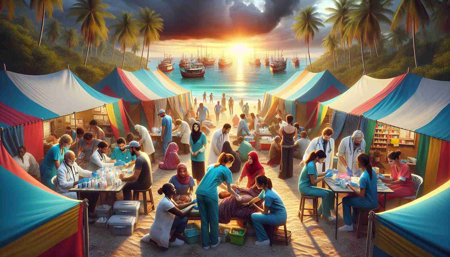 High-definition, realistic depiction of diverse healthcare workers responding to increased immigration in island communities. Show a range of ethnicities and genders, including Caucasian and Middle-Eastern women, and Black and Hispanic men. They could be aiding new immigrants of various descents in a makeshift clinic, inside a colorful, bustling tent. This tent could be pitched on the sandy shores of a beautiful azure sea, with lush green palm trees swaying in the background, signifying the island setting. Also, an intense sky with the setting sun, reflecting a day's work well done.