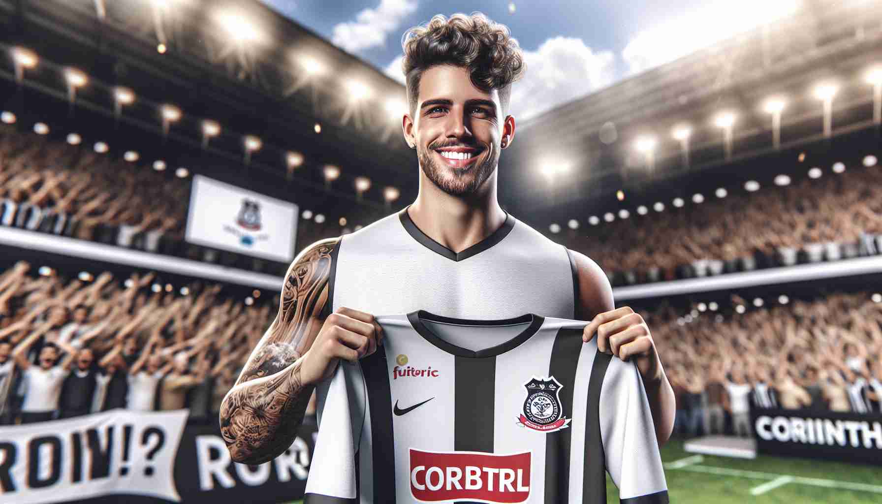 Realistic high-definition photo of a well-built football player with short, curly hair and sleeve tattoos. He's dressed in a Corinthians football kit, beaming widely as he holds up the jersey. The background features a crowded football stadium filled with excited crowds, with a large banner signifying the player's choice of Corinthians over an unnamed competitive team.