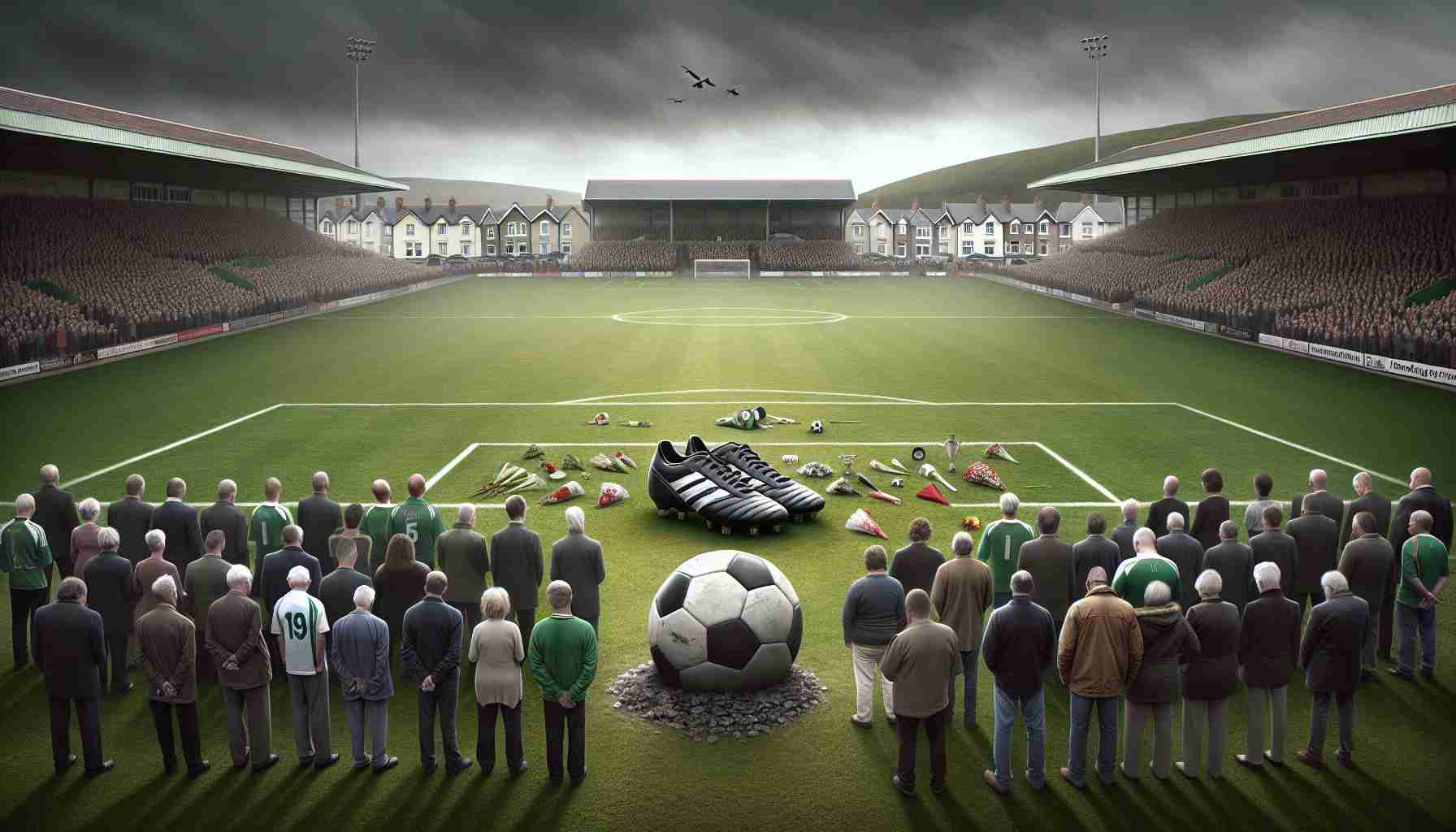 High-definition realistic image depicting a melancholic scene in Wales where a local community is mourning a young soccer star. Features include a lush green soccer field indicative of Wales, collected community members of varying genders and descents expressing sorrow, a pair of soccer boots resting on a soccer ball at the center, and grey skies overhead symbolizing the tragic loss. Overall, the scene should evoke a heavy sense of loss and commemoration towards a young sports talent.