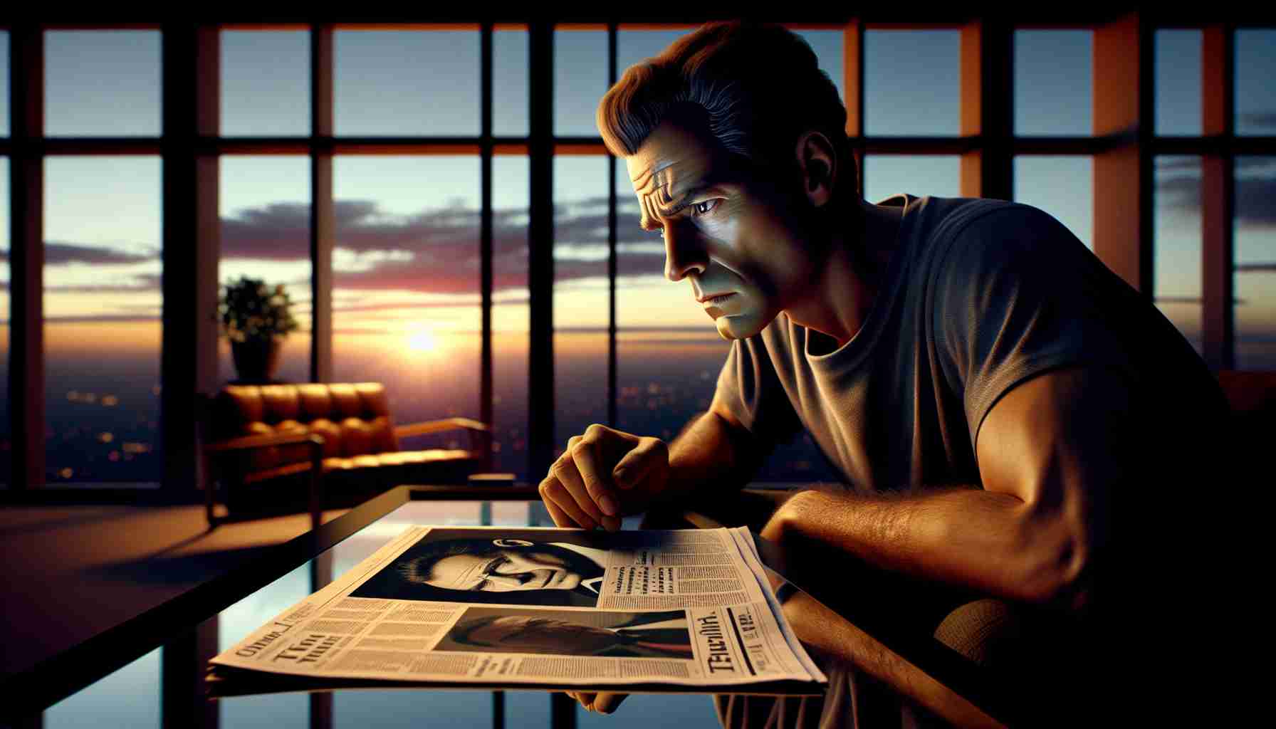 Realistic HD image of an intense scene: An individual who is famous in the eyes of the public grapples with issues of trust. The individual possesses athletic physique and is situated in a modern living room, a look of worry etched on their face. Close by, a folded newspaper rests on a glass coffee table, its headlines hinting at recent scandals. The evening sky is visible through a nearby window, painted with the colors of sunset, deepening the atmosphere of contemplation and tension in the room.