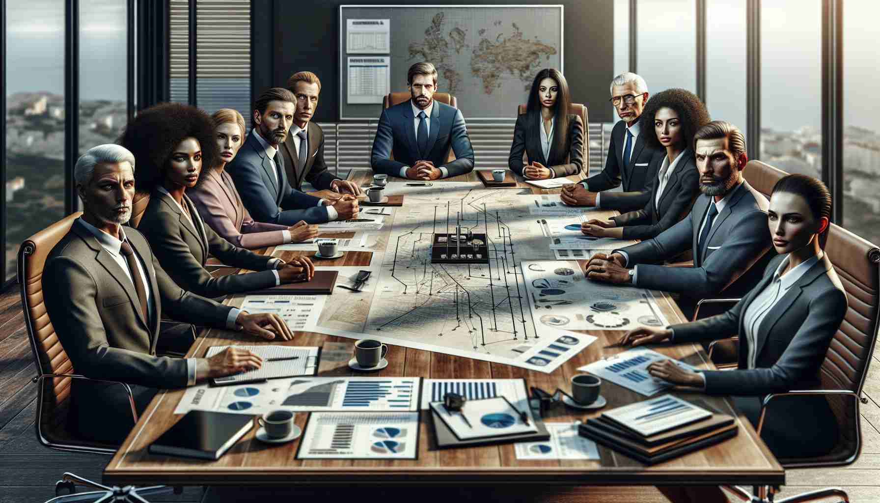 A high-definition, realistic photo depicting a challenging scenario for the management team of a Tenerife-based club. The picture could show a board room with a large table and several chairs, with documents, plans, maps, and financial charts scattered across the table, conveying the complexity of their tasks. The team consist of diverse individuals of various descents such as Caucasian, Black, Middle-Eastern, and Hispanic, portraying their potential different perspectives on the challenges ahead. Gender balance is maintained in the team to reflect diversity. The expressions on their faces should be determined, yet concerned, reflecting the serious yet hopeful nature of the challenges they face.