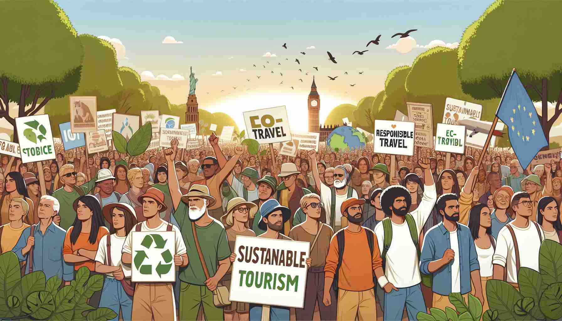 Generative High-Resolution Illustration portray a diverse crowd of community activists rallying for sustainable tourism. The scene should include men and women of various descents like Caucasian, Hispanic, Black, Middle-Eastern, and South Asian. They should be carrying placards, banners, and signs with slogans about eco-tourism, responsible travel, and sustainable tourism. Environmental features like trees, birds and the clear blue sky should be visible in the background, emphasizing the aim for sustainability. Make sure to convey the passionate ambiance of a peaceful demonstration for environmental preservation.