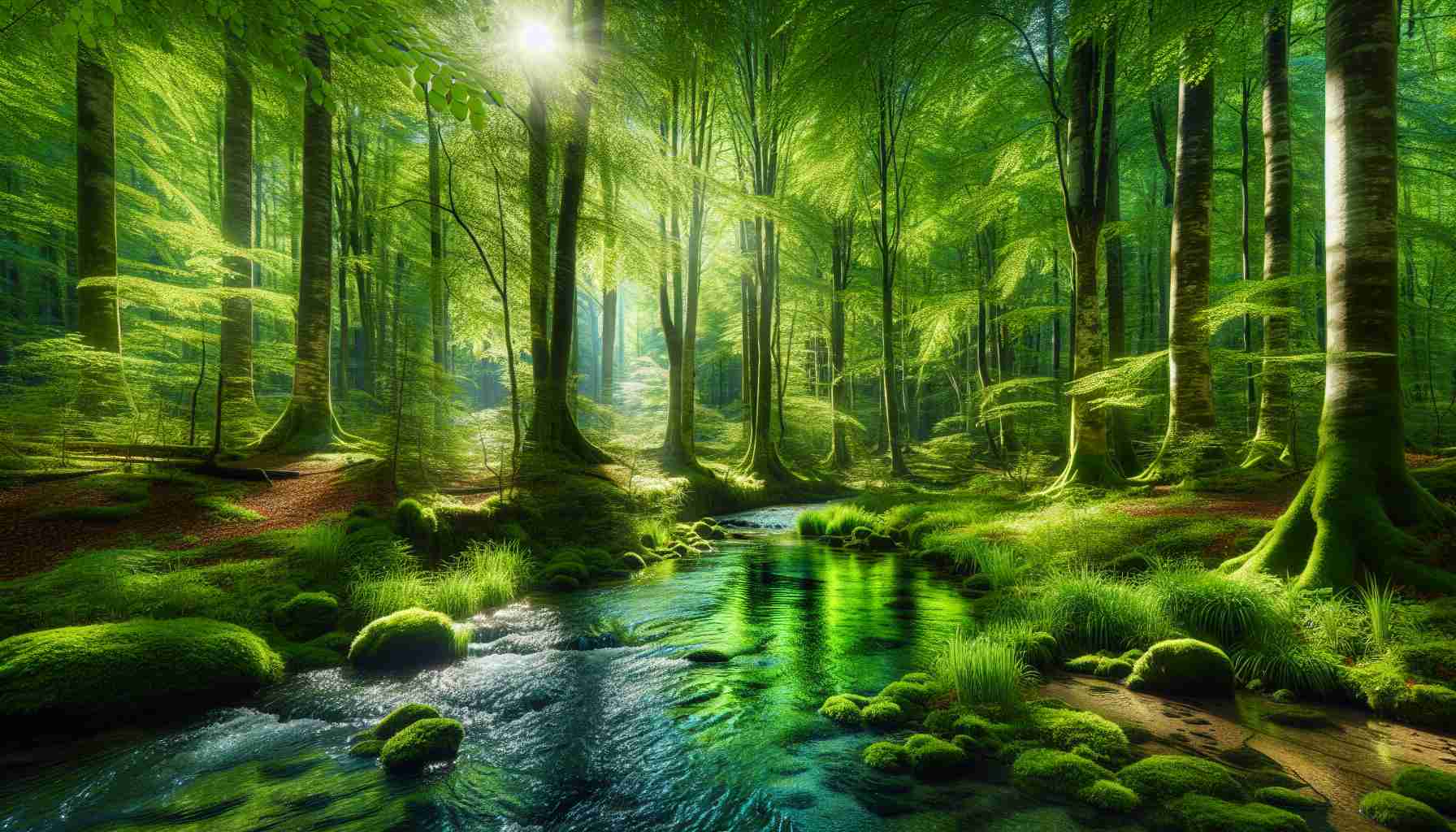 Realistic HD photo of an untouched lush green forest with vibrant, dense foliage. Observe sunlight pierce through the leafy canopy, making patches of the forest floor underneath glimmer. A clean, tranquil stream ripples through the scene, reflecting the emerald hues of the imposing trees along its banks. Commencing fairy-tales in your mind, this picturesque forest scene is filled with bliss and tranquility.