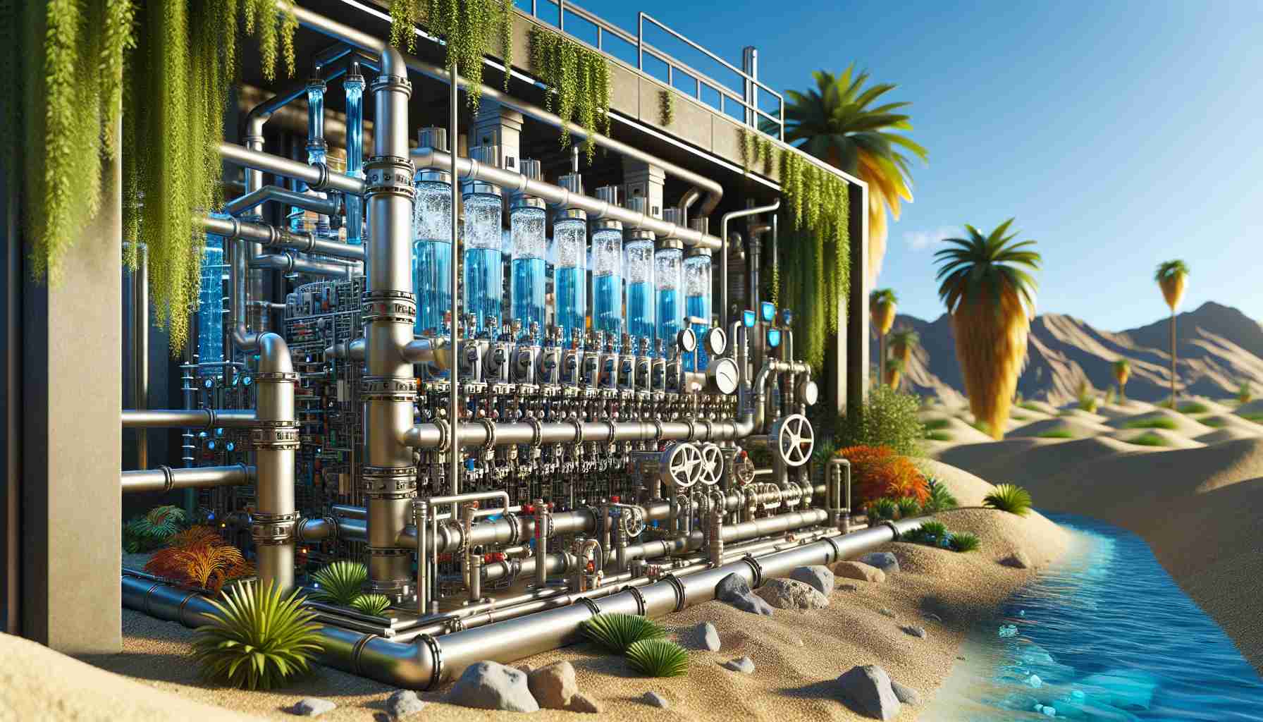 A High-Definition, realistic image showcasing the new water conservation technology that has been implemented in a municipality similar to Tenerife. The scene should depict the intricate mechanics of the system, with visible pipes, valves and meters indicating water flow. The surroundings exhibit signs of a semi-arid region, with sporadic vegetation, palm trees, and the brilliant blue sky above. The design should be modern and efficient, highlighting the sustainability values of the region.