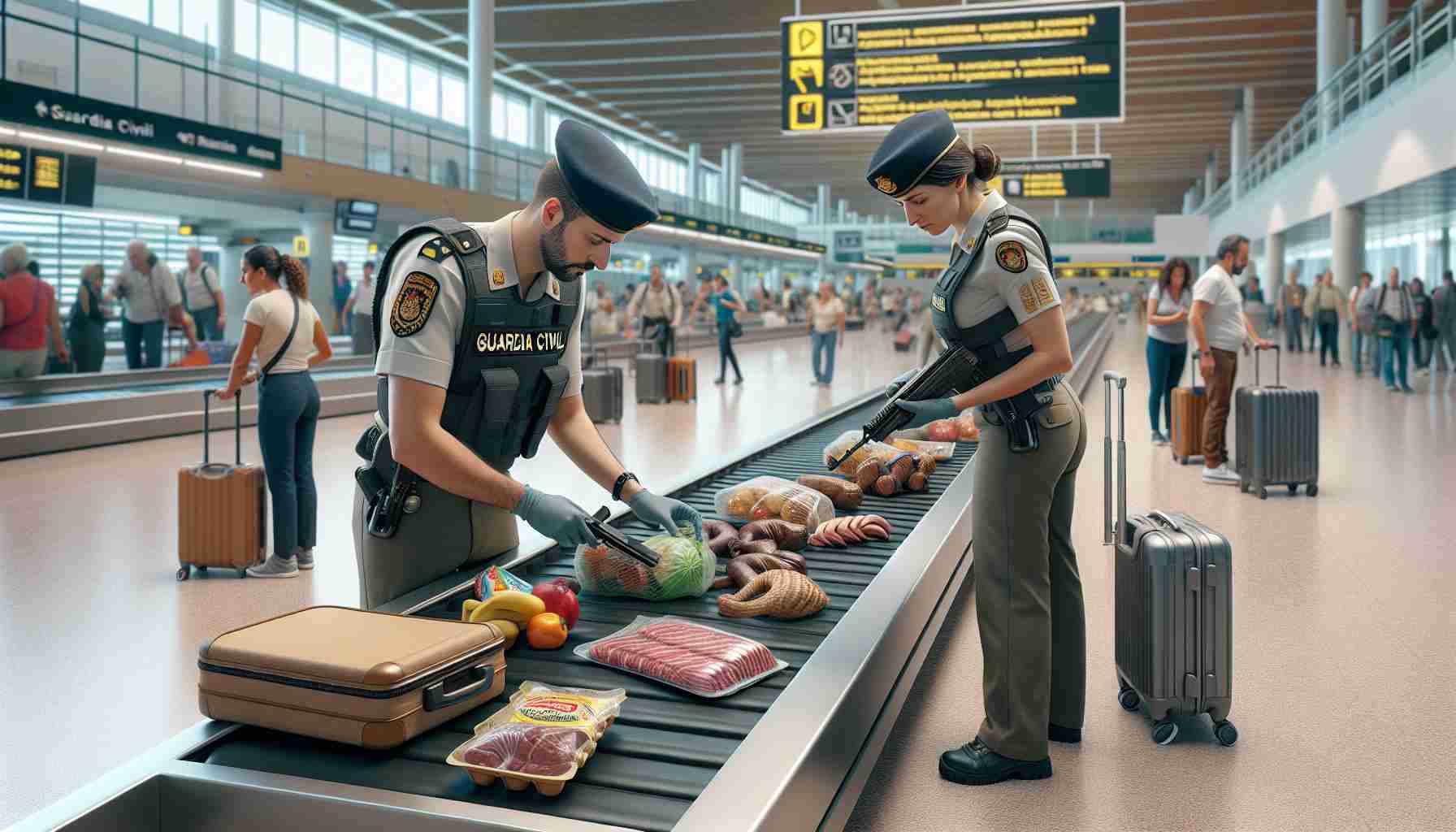 High-definition photo realistically depicting a scene at Tenerife airport where the Guardia Civil, a Hispanic male officer and a Caucasian female officer, are in the process of confiscating illegal food products. The officers could be wearing traditional Guardia Civil uniforms, focusing their attention on inspecting luggage contents. The surrounding scene could include common airport elements such as luggage conveyors, signage, and other passengers curious about the situation. The illegal food products could vary in type including meats, fruits, and other banned substances.