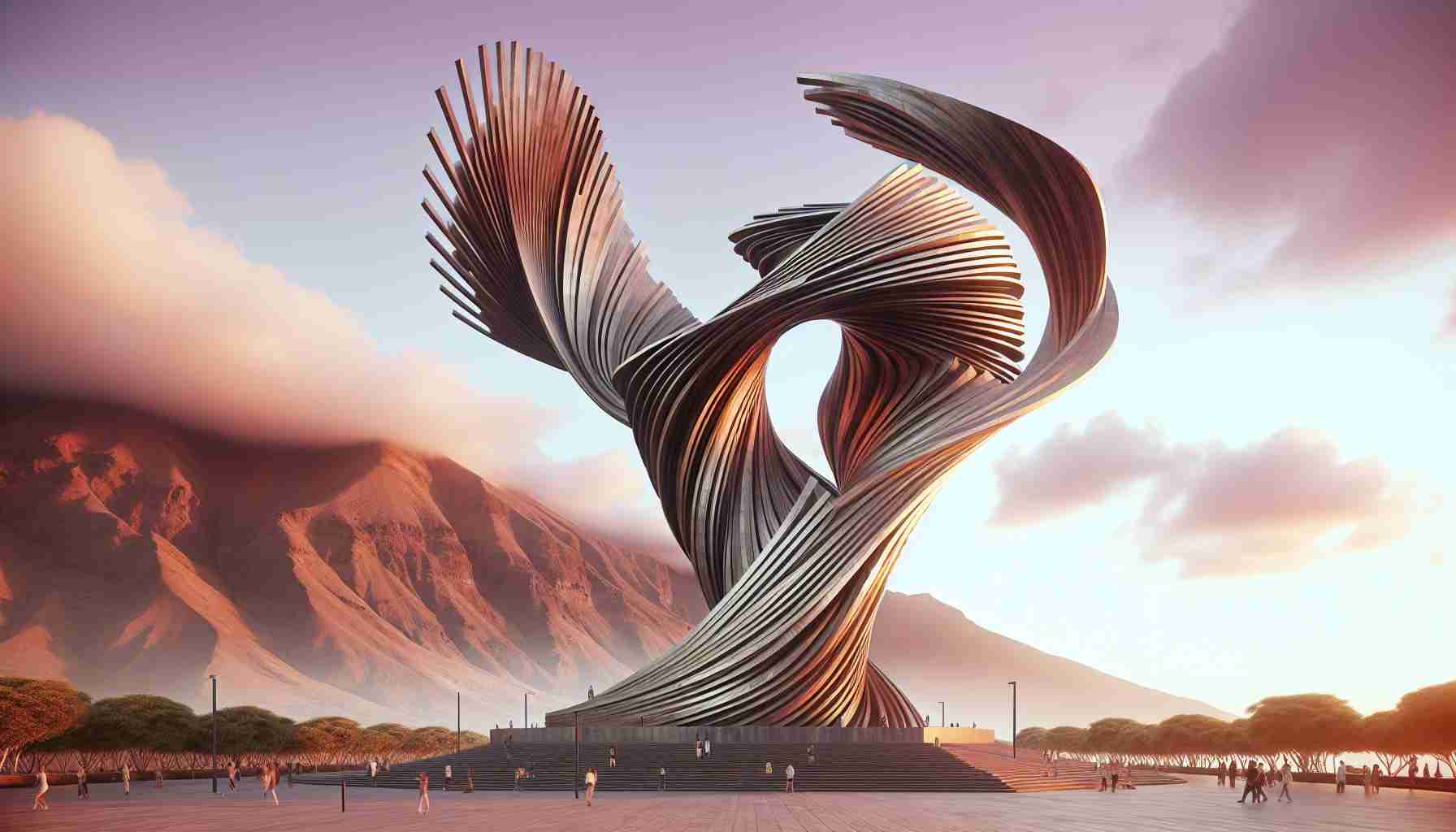 Create a high-definition, realistic image of a famous abstract sculpture known as 'The Transformation', located in Santa Cruz de Tenerife. The sculpture is renowned for its captivating design which showcases a dynamic, evolving form often interpreted as a visual representation of change and transformation.