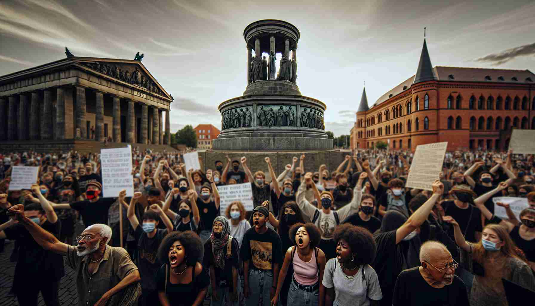 A high definition image capturing the essence of a controversial monument. The monument is depicted in the center of the image, slightly blurred but still imposing. It's surrounded by a throng of people - a diverse group, ranging from young Black women passionately expressing themselves to elderly Asian men in deep contemplation. Signs held up by some depict textual calls for reflection on the history the monument represents. The surrounding architecture dates back several centuries, weathered by time but still standing proud. The scene is under a late afternoon sky, lending it an ethereal glow.