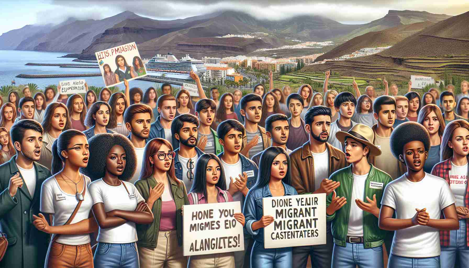 A high-definition, realistic image showcasing a diverse group of students advocating for their migrant classmates in Tenerife. The depiction includes students of different descents such as Caucasian, Hispanic, Black, Middle-Eastern, and South Asian. Some students are holding placards with supportive messages, while some are passionately speaking. The background shows picturesque views of the Tenerife landscape.