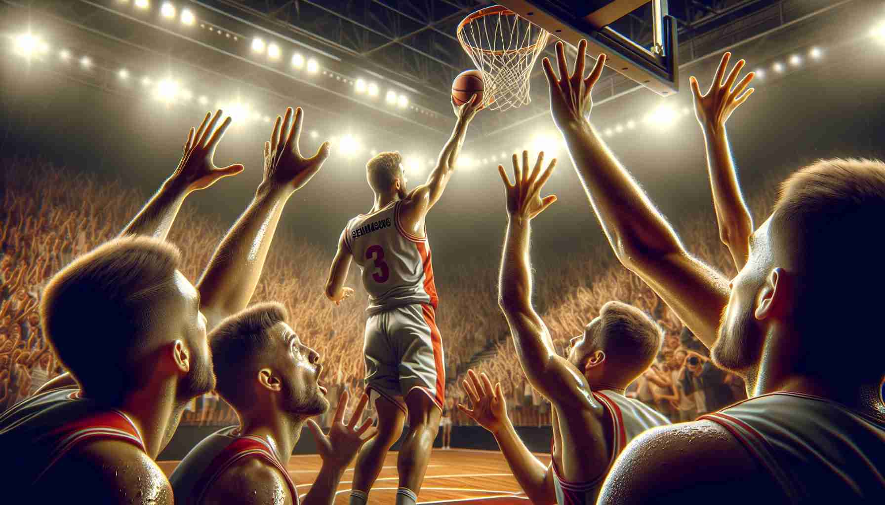 Create an HD realistic image of a thrilling showdown in a Spanish basketball league game. The picture should include the final moments capturing the excitement and anticipation of the spectators, the sweaty players putting in their utmost efforts, and a buzzer-beater shot that ensures a splendid victory. The mood of the image is electric with energy, filled with intense determination from the players and amazed expressions from the spectators.