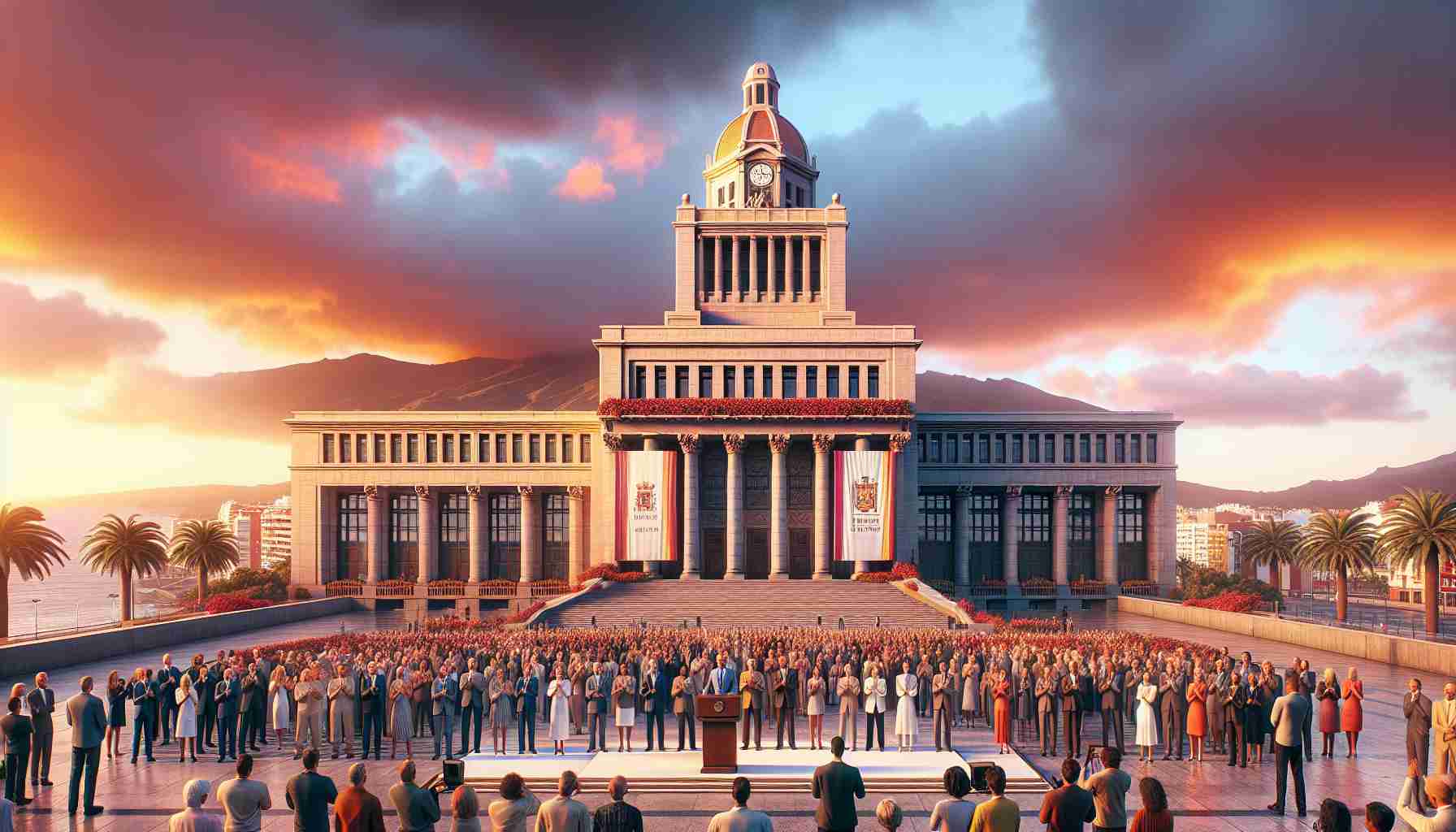 Realistic HD photo of a government building in Tenerife being renamed to 'Monument for Unity and Progress'. Visualize the grandeur of the architecture with vibrant colors of the sunset sky providing a dramatic backdrop. Outside the building, a large banner is draped, announcing the new name in bold letters. Excited onlookers of different genders and descents including Caucasian, Hispanic, Black, Middle-Eastern, and South Asian, watch as the renaming ceremony takes place.