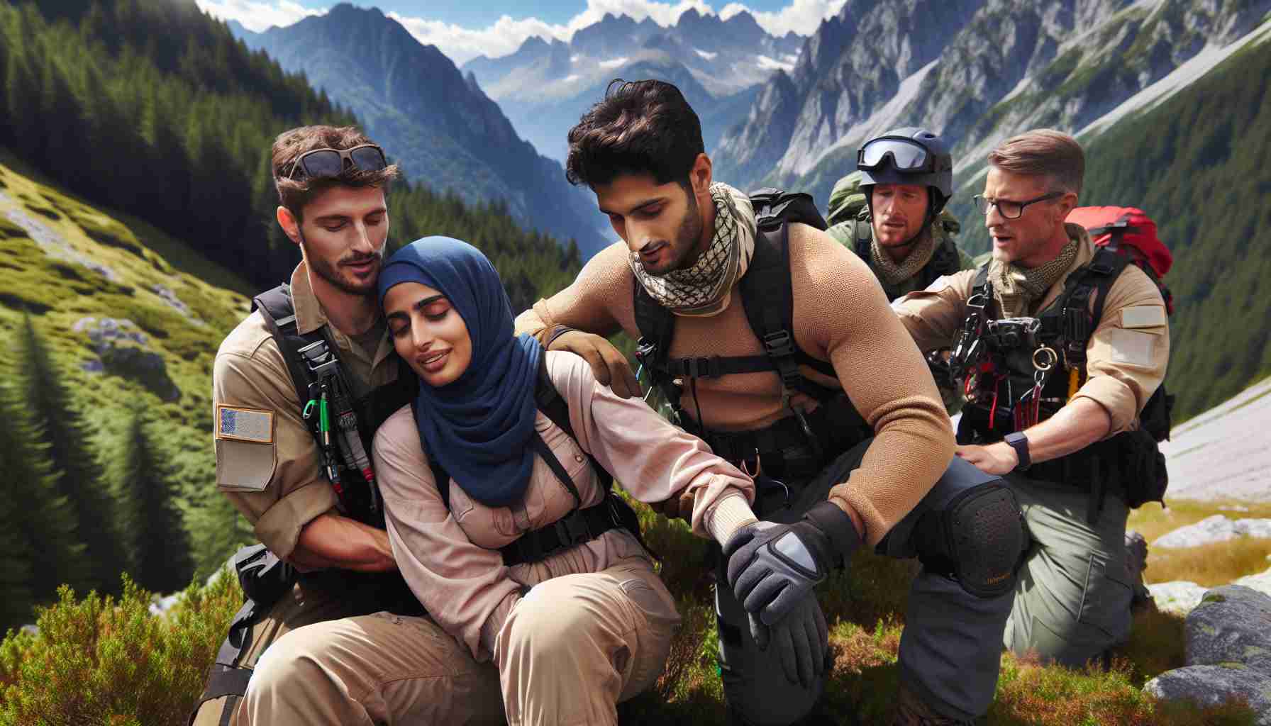 High-definition realistic image of a successful mountain rescue operation. A Middle-Eastern female and a Hispanic male hiker are being helped by rescue teams after getting lost. They have relieved expressions on their faces. The rescued hikers are wearing appropriate hiking gear suitable for woodland and rugged terrain. The rescue teams are equipped with safety equipment and appear professionally trained for the job. The backdrop includes towering mountain peaks, lush green forests and the clear blue sky.