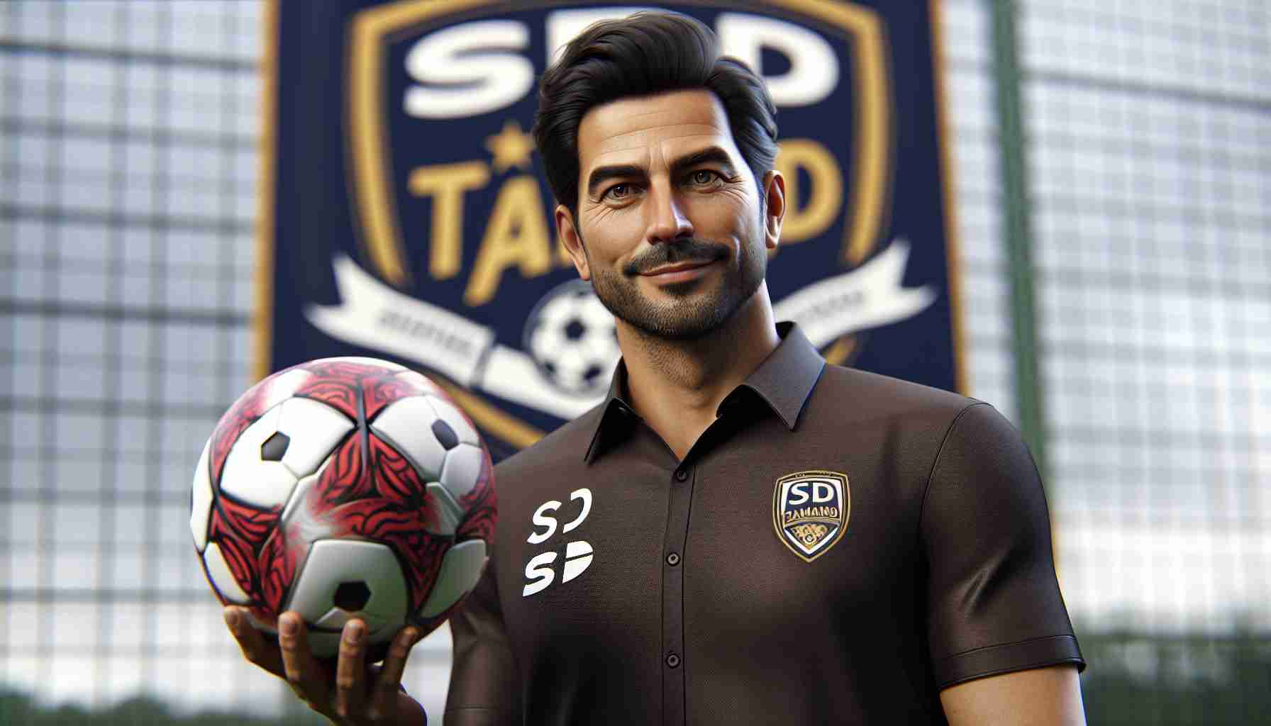 Realistic HD photo of a middle-aged Hispanic man with dark hair, dressed in professional coaching attire, standing in front of the banner of SD Tamarind as their new head coach. He holds up a soccer ball with a confident smile on his face.