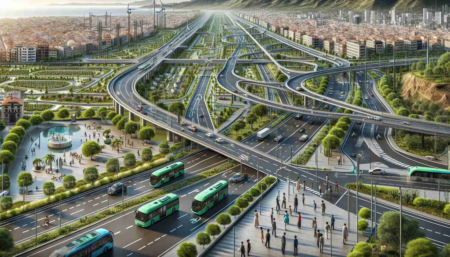 Detailed high-definition image showing the process of improving infrastructure and mobility in a geography similar to Tenerife. Illustrate well-maintained road networks crisscrossing the landscape and efficient public transport systems in action. Emphasize on technology such as electric buses and self-driving vehicles. Include green spaces and pedestrian-friendly walkways, balancing development with environmental sustainability. Picture a diverse group of people utilizing this infrastructure, a mix of men and women from Caucasian, Hispanic, Black, Middle-Eastern, South Asian descents.