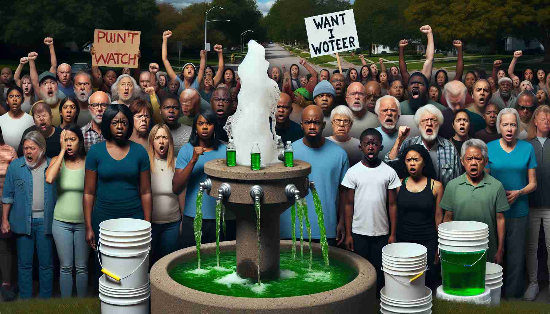 A high-definition, realistic image depicting multiple people with diverse backgrounds, representing Black, Caucasian, Hispanic and South Asian descents, all showing expressions of anger and confusion. They are gathered in a suburban neighborhood and holding placards and signs demanding action. At the center of the image is an obviously contaminated water source: a municipal fountain spouting water with a strange, sickly green hue, and surrounding it, buckets showing the similar green color of water.