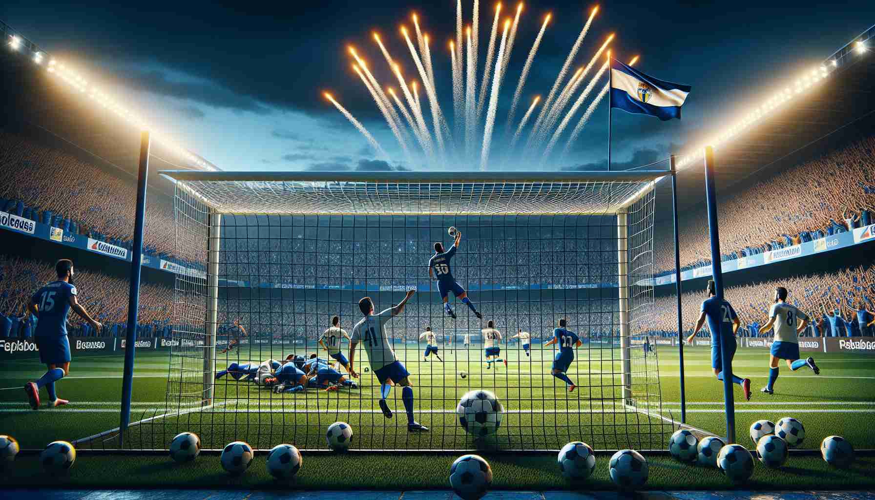 Realistic high definition image representing the dominance of the Real Zaragoza football team, symbolized by the emergence of a goal-scoring powerhouse. Note: No particular player is specified or depicted. The scene includes the football field filled with players and closely contested action. The ball is in the net signifying a goal, the crowd in the stands are ecstatic and the sky has fireworks celebrating another scoring feat by the team.