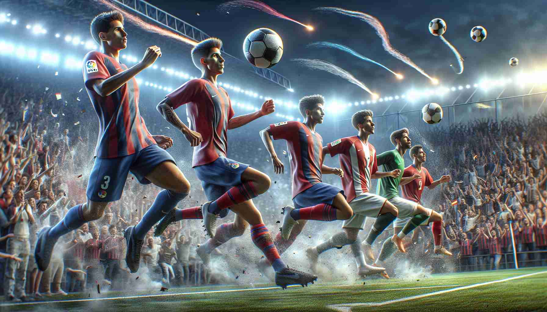 High-definition, lifelike image depicting the emergence of a new wave of talented players in the La Liga football league. The image should capture the excitement, energy, and anticipation associated with this event. It could include players from different ethnic backgrounds, like Caucasian, Hispanic, Black, Middle-Eastern, South Asian, displaying a variety of skills such as expert ball control, exceptional speed, precise passing, and a goal scoring celebration. Highlights of the stadium moments and cheering fans could contribute to the overall depiction of this exciting event.