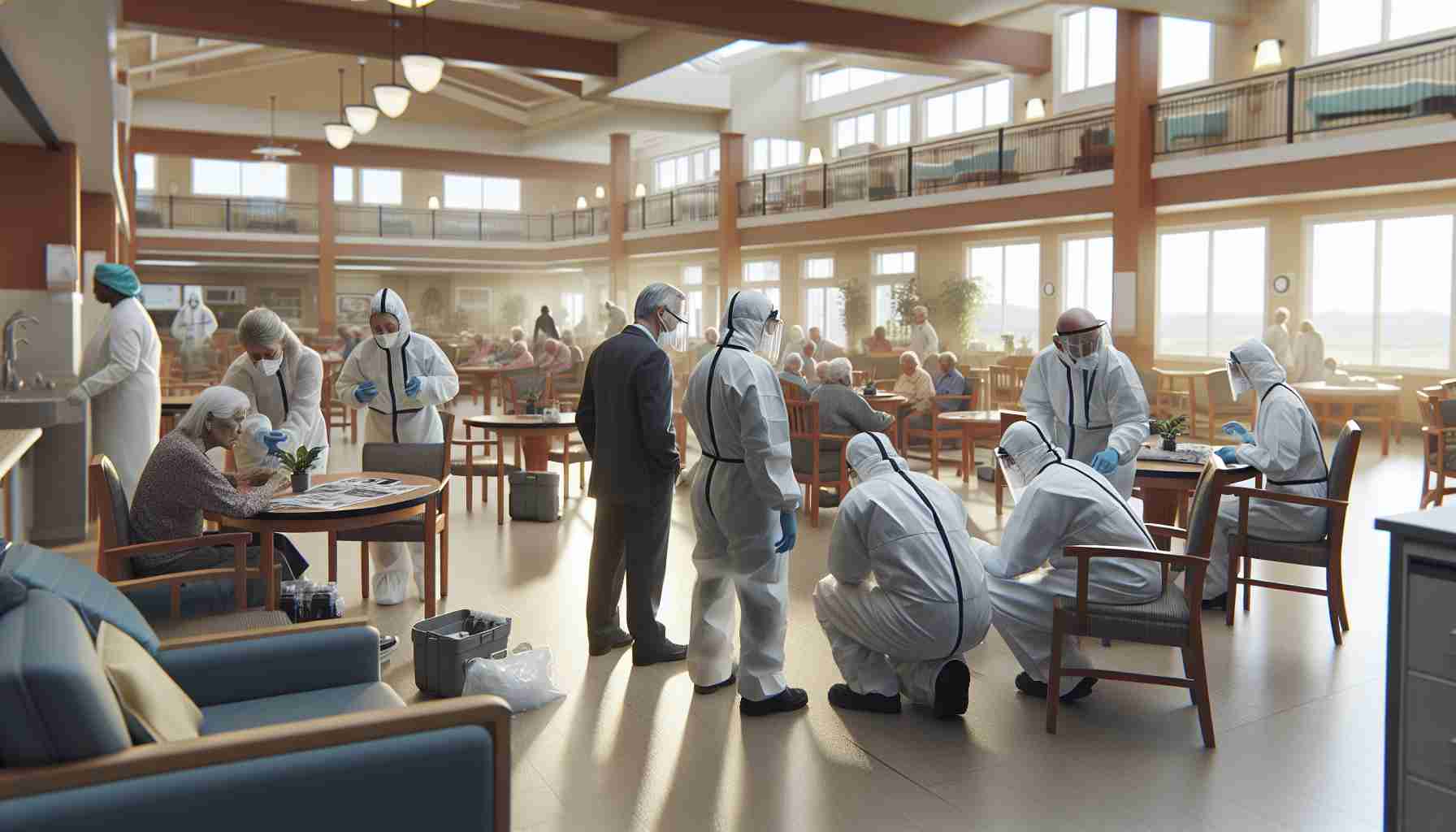 A realistic and high-definition photograph capturing a scene where an investigation is taking place at an elderly care facility following a sudden outbreak. It should depict investigators diligently working, along with concerned staff members. The scene should include people of various descents such as Caucasian, Middle Eastern, and Black, both male and female professionals. The eldercare facility should look sanitized yet bustling, with personal protective gear in plain sight. Emphasize the busyness and seriousness of the situation without compromising the caring and dedicated environment of the place.