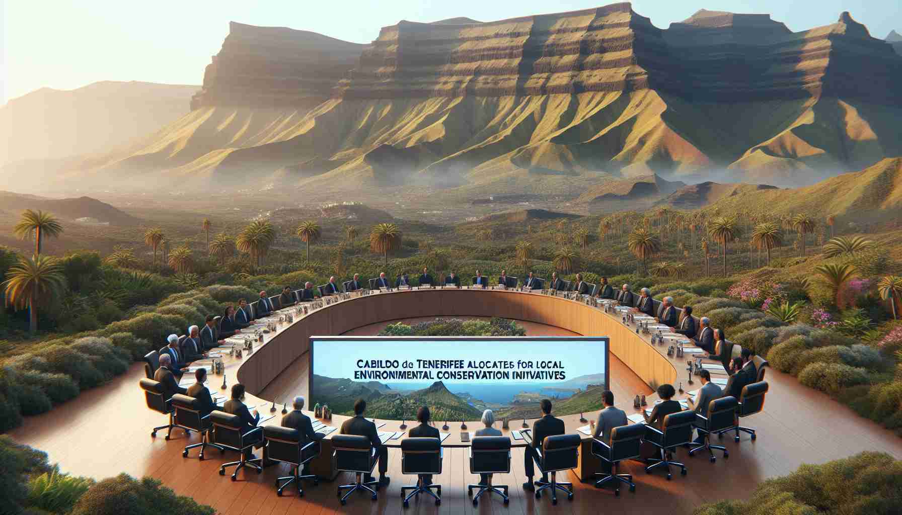 Generate a realistic, high-definition image of a large-scale outdoor board meeting. In the center of the table, there are official documents stating 'Environmental Conservation Initiatives' underlined in bold. The background scene is the iconic and mesmerizing landscape of Tenerife, one of the Canary Islands, with its lush greenery and mountainous landforms. The participants in the meeting are of diverse genders and descents including South Asian men, Hispanic women, Middle-Eastern men and Black women. Display a banner overhead with the phrase 'Cabildo de Tenerife Allocates Funds for Local Environmental Conservation Initiatives'.