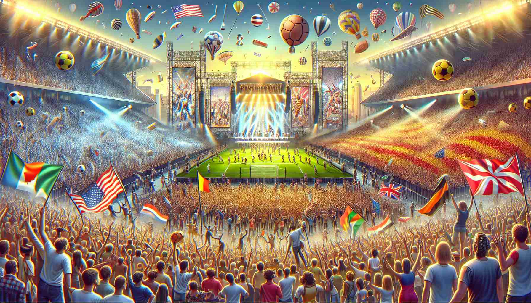 Generate a highly detailed and vibrant image of a grand event celebrating both sports and music. The scene should convey a sense of excitement with a large crowd of people from all walks of life, of different genders and descents, including Caucasians, Hispanics, Blacks, Middle-Easterns, South Asians, and Whites. There should be hints of various sports represented such as soccer, basketball, tennis and more. Also feature a stage where popular music is being played with musicians and singers of varying gender and descents. The celebration is in full swing, decorations are everywhere, and everyone is enjoying the spectacle.