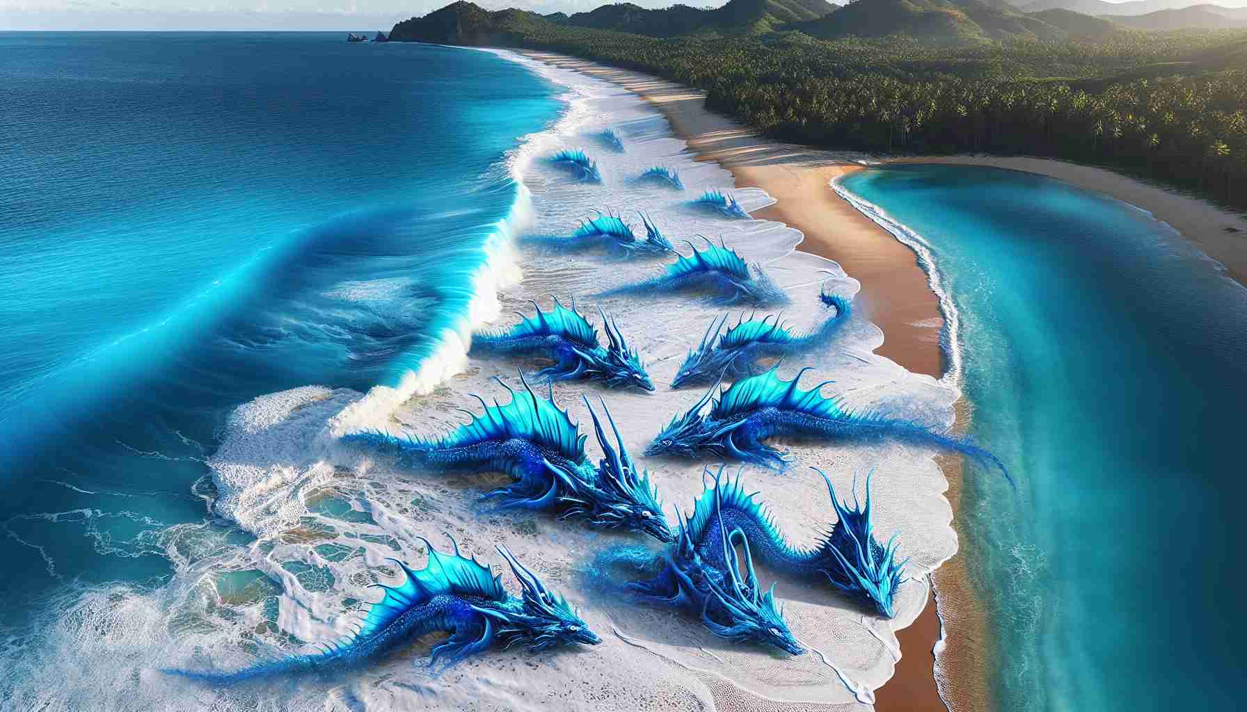 Generate a highly detailed and realistic image portraying the mysterious appearance of blue dragons along a scenic coastline. The blue dragons are not literal fire-breathing creatures, but instead, they resemble sea slugs with a vibrant blue color. They are emerging from the crystal clear ocean, their blue bodies contrasting against the white froth of the waves. The coastline itself features an expansive sandy beach with some scattered tropical vegetation. The image should be in high definition and capture the uncanny and enigmatic beauty of this rare natural spectacle.