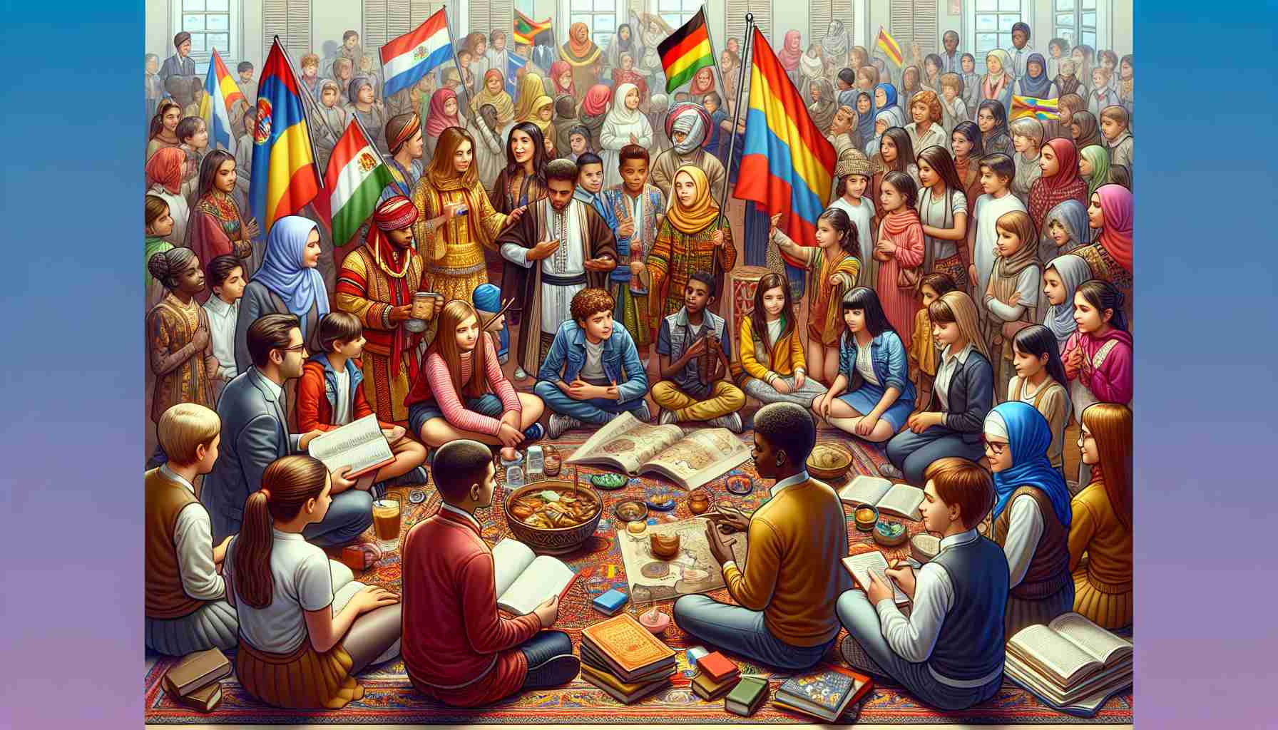 Generate a high-definition, realistic image showcasing the value of diversity in Canarian schools. Show a scene where students of diverse descents such as Caucasian, Hispanic, Black, Middle-Eastern, and South Asian are actively engaging in a cultural exchange. Illustrate these students sharing and learning about each other's cultures, languages, traditions, and heritage. There could be elements like cultural artifacts, traditional clothing, flags, and books in different languages, all showing a rich and diverse cultural exchange.