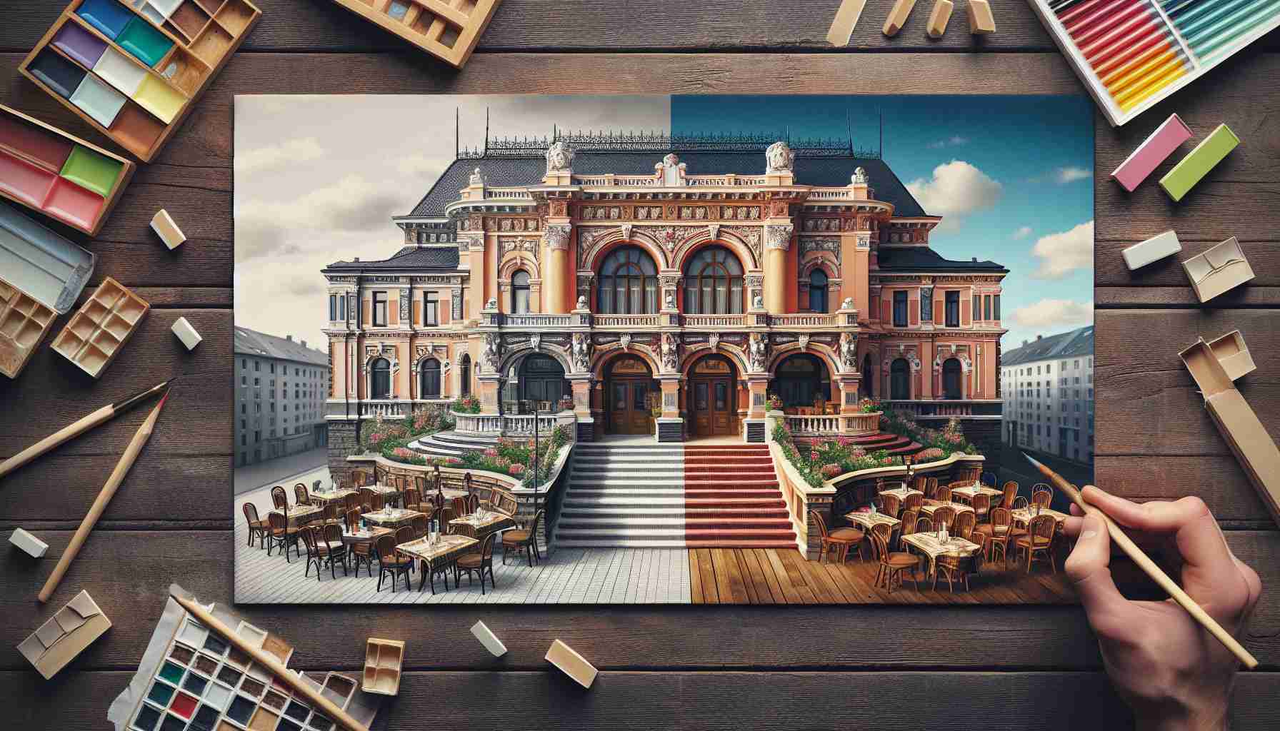 A realistic and high definition image of a traditional venue being tastefully redesigned. The venue should feature elements from both its rich historical past along with more modern, contemporary influences. The picture should show the transformation process, giving equal prominence to both the original structure and the updated modifications.