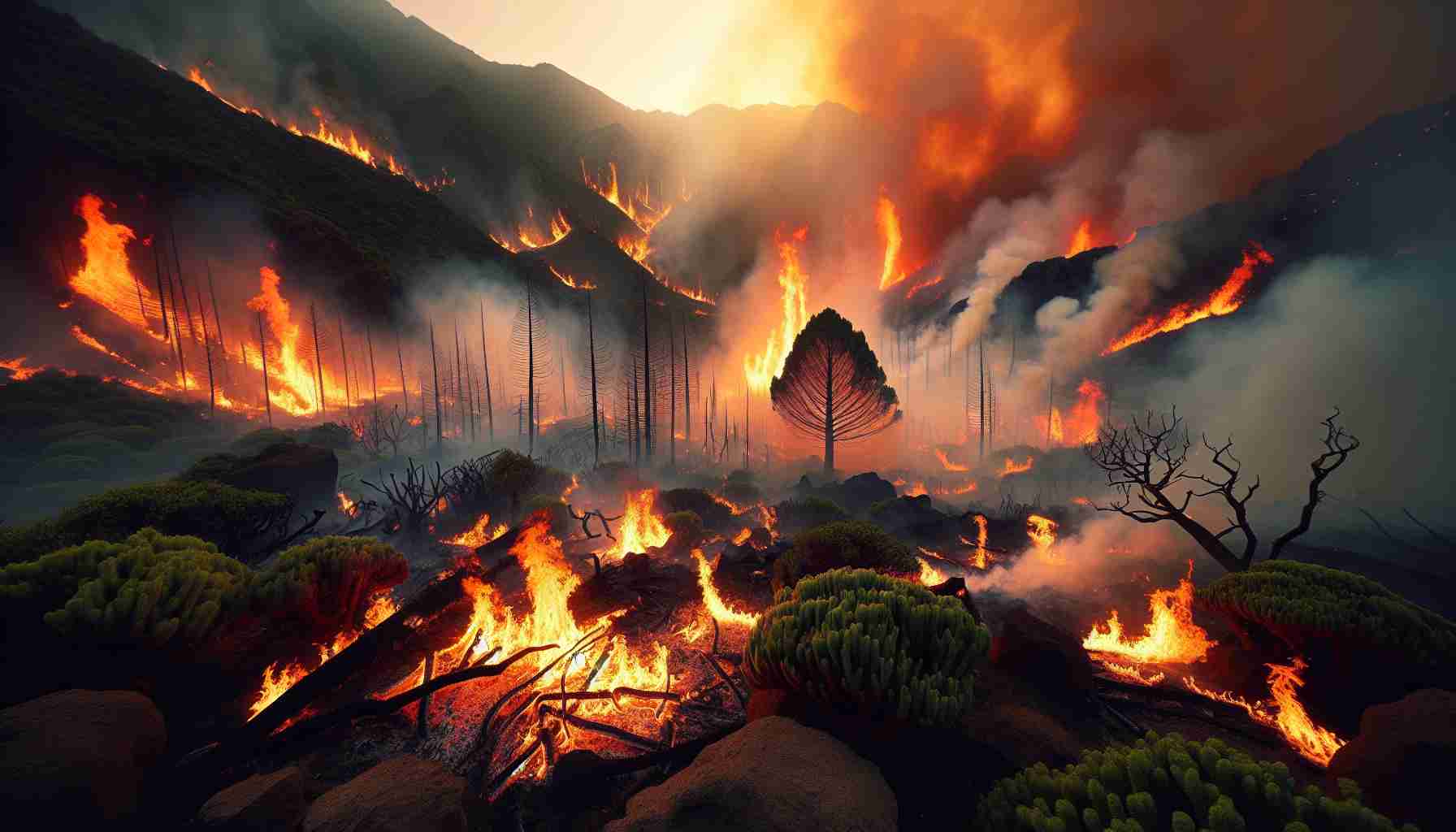 Generate a realistic, high-definition image of wildfires burning in a remote area, surrounded by the untouched natural beauty of Guía de Isora. The vivid orange and red flames contrast starkly with the charred remnants of trees, ash rising into the smoke-filled sky. Amidst this, untouched green vegetation creates a juxtaposition, depicting the harsh reality of wildfires, but also allowing the beauty of the scenery to shine through