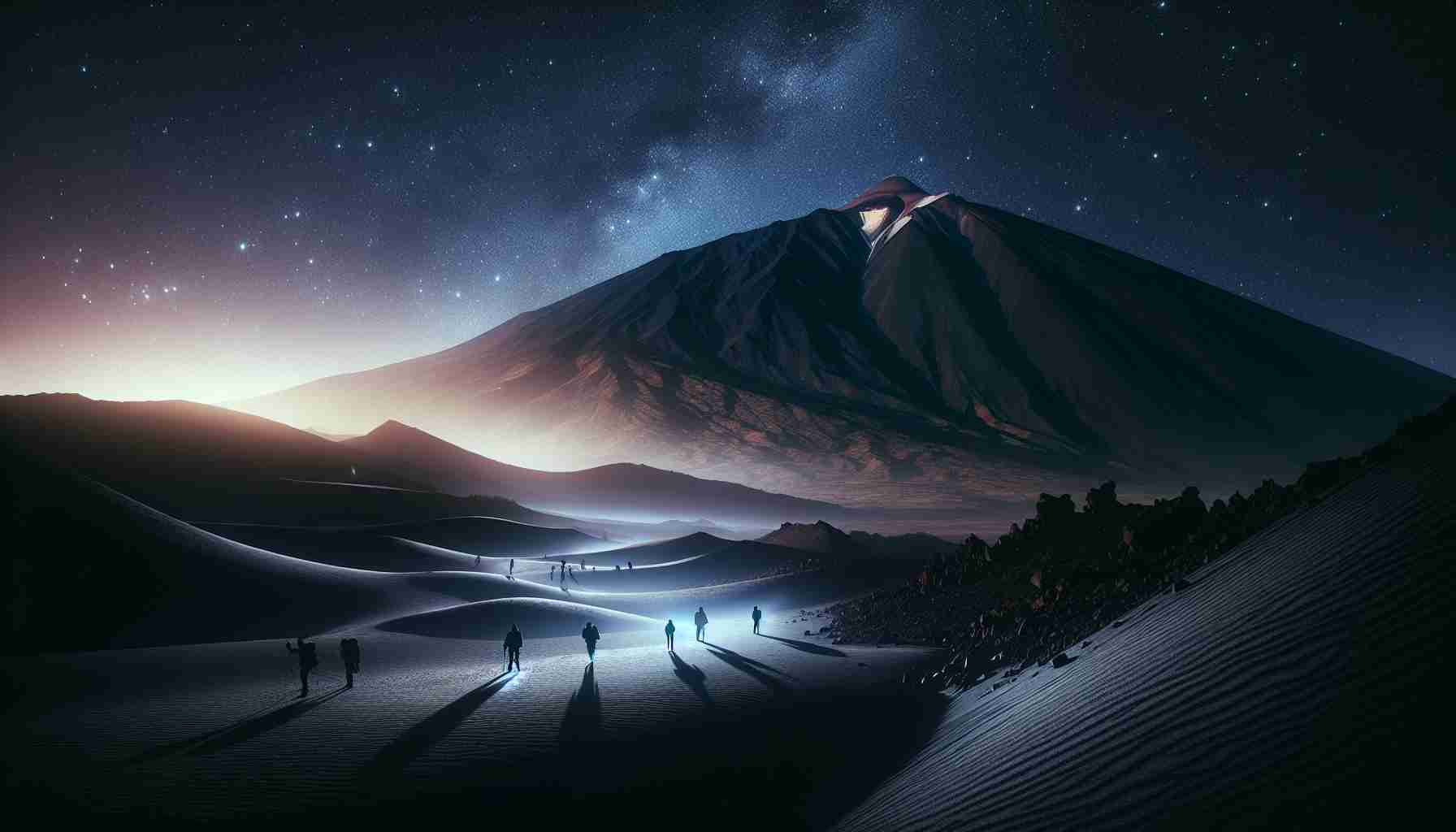 Generate a highly detailed and realistic image that captures the mysterious and timeless beauty of nocturnal expeditions on Teide. The scene includes the majestic silhouette of the Teide mountain, the sprinkle of stars illuminating the night sky, and shadowy figures of explorers braving the undulating terrains in the heart of the night. The atmosphere is one of adventure and mystique, with the only sound being the whispering wind and the crunch of boots against rocky terrain.