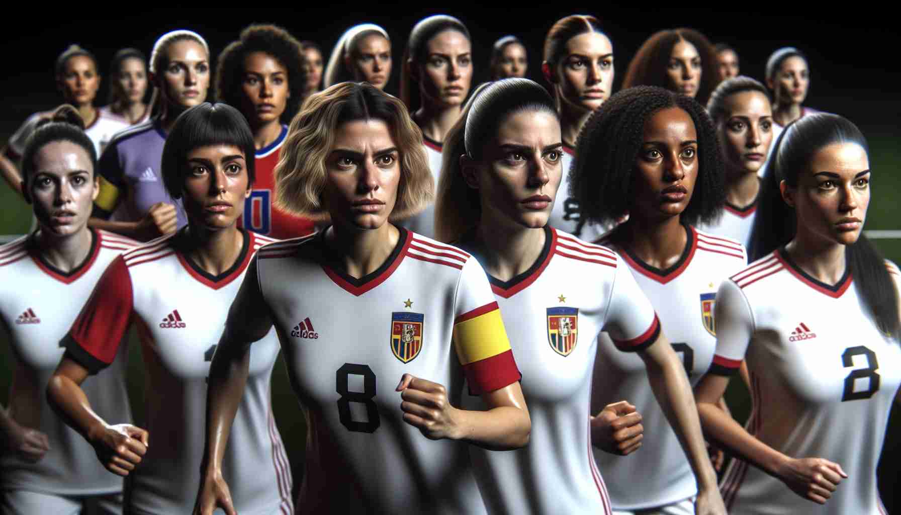 A realistic, high-definition image showcasing the strength in depth of a women's football team based in a Spanish city renowned for its soccer. The team members display a range of emotions, from intense focus to infectious enthusiasm. Each player is ready to give her all on the field, highlighting their dedication to the sport. Players from different ethnic backgrounds, including Caucasian, Hispanic, Black, Middle-Eastern and South Asian descent, make up this diverse, formidable team, underlining the global appeal of women's football.