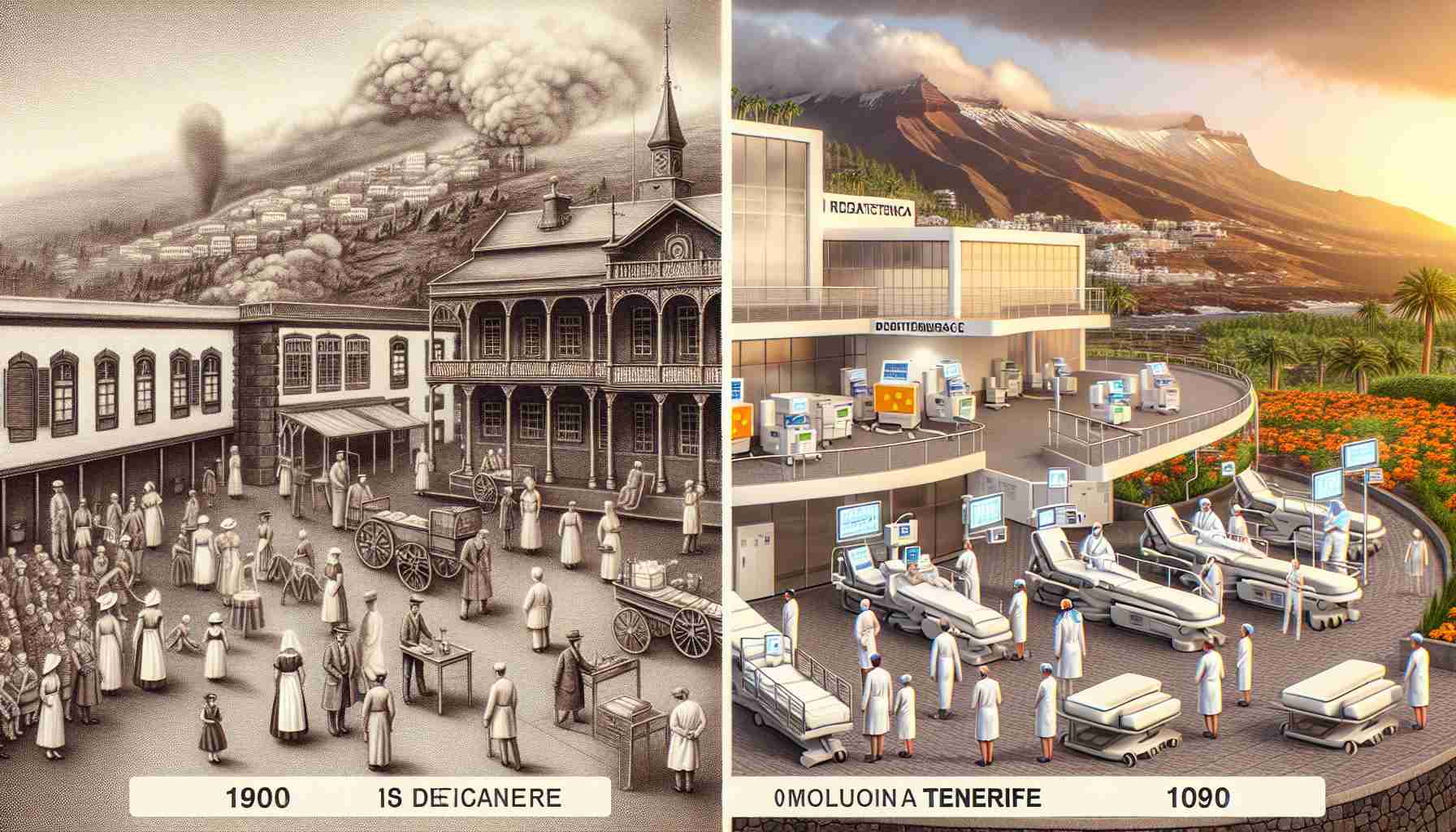 Illustrate a high-definition, realistic representation of the evolution of healthcare in Tenerife over the course of 80 years. On one side, show Tenerife's healthcare system in the early part of the 20th century, with clear signs of limits and challenges such as outdated equipment and simple facilities. Contrast this with the other side showing modern Tenerife healthcare, displaying advanced technology, state of the art equipment and well-built health infrastructure.