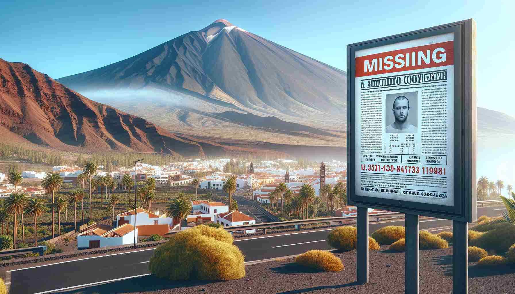 Generate a high-definition, realistic image representing a community concern regarding a missing individual in the picturesque landscape of Tenerife. The scene should include a community billboard, displaying a poster of the missing individual's generic description, on a sunny day with glimpses of the Tenerife's famous Teide volcano in the background.