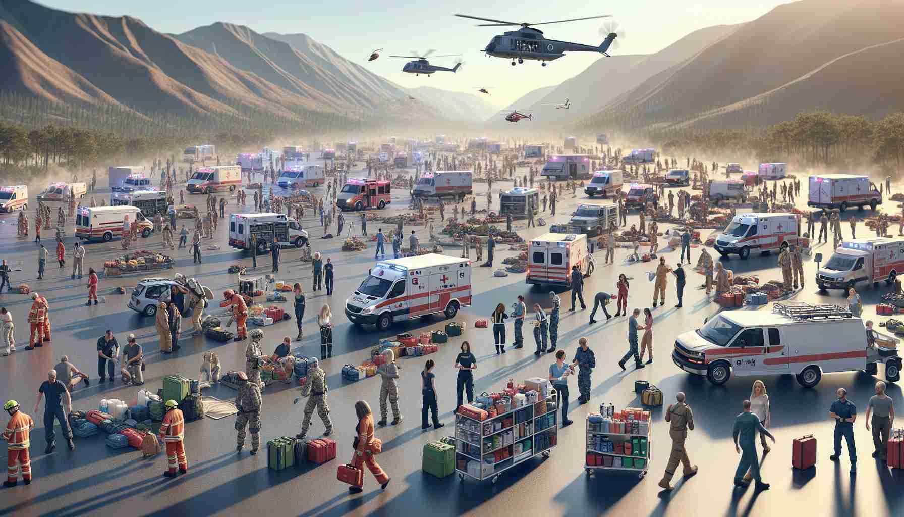 Render a high-definition image showcasing the readiness efforts in the Canary Islands. Depict the landscape filled with emergency response professionals of varying descents like Caucasian, Hispanic, and Middle-Eastern. Show emergency vehicles stocked with medical supplies, fire extinguishers, rescue equipment, and food. Feature helicopters in the sky, hinting at an aerial survey. Also, incorporate local residents of different genders, engaging in preparedness activities such as conducting drills, checking emergency kits, and participating in rescue demos. The environment should be bright, indicating clear weather, for optimal emergency response exercise.