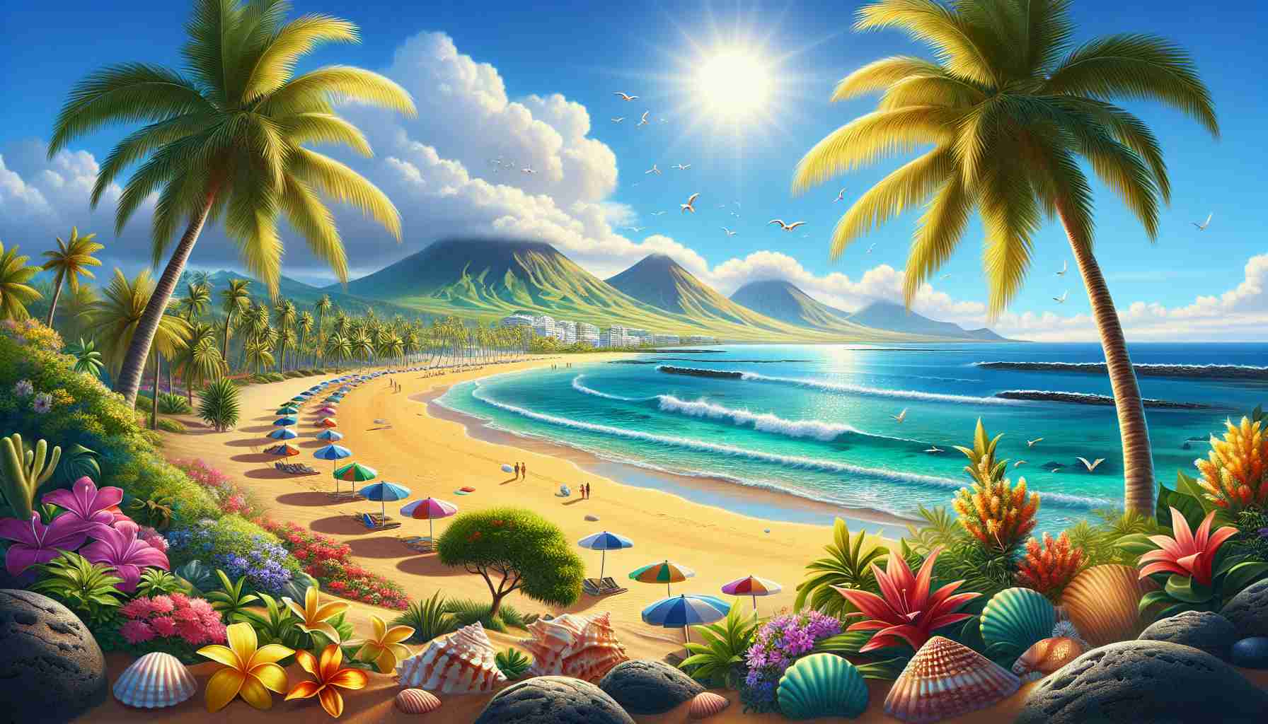 Generate an ultra high-definition illustration that captures the essence of a tropical paradise, specifically the Canary Islands. Picture this - the sun brightly illuminating the clear turquoise waters, fluttering palm trees providing little shade over golden sandy beaches, and volcanic mountains standing tall in the distance. The weather is clear and sunny with a slight hint of refreshing ocean breeze. Include details such as vibrant tropical flowers and lush greenery, colorful beach umbrellas scattered along the shore, and seashells brought ashore by the rhythmic waves.